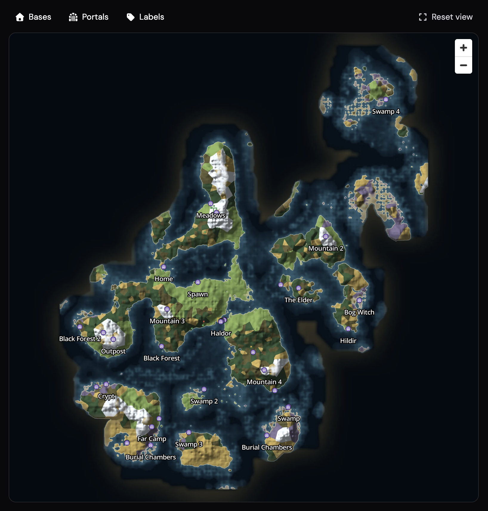 Live world map of a Valheim server in the LOW.MS control panel