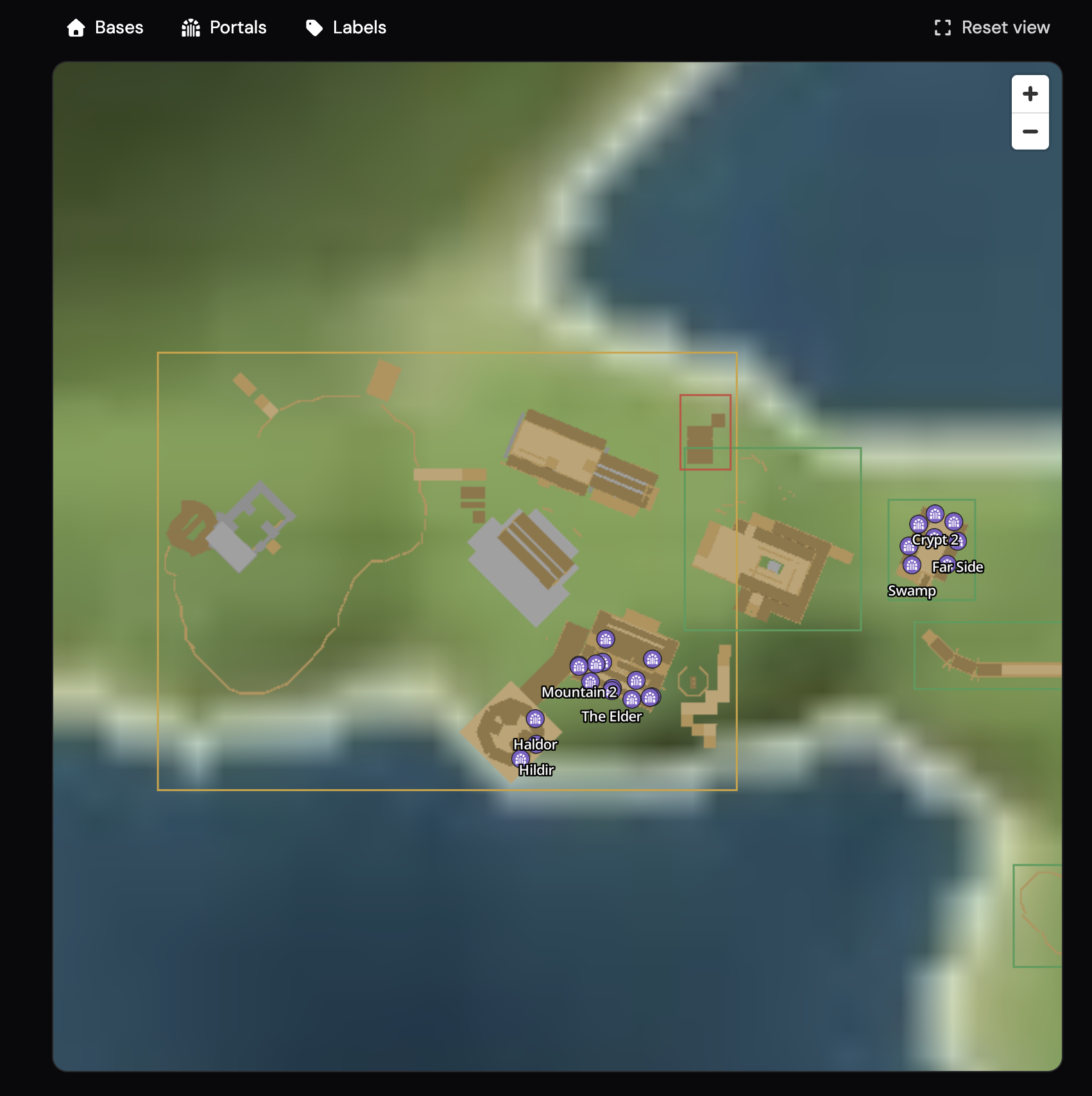 A Valheim base shown from overhead on the world map