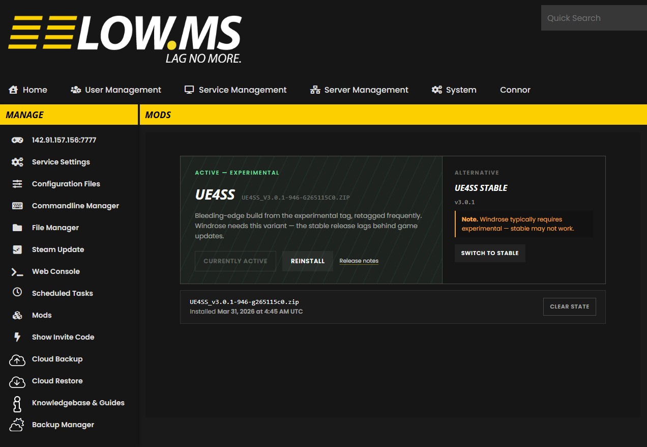 UE4SS active in experimental mode, showing the version tag and Switch to Stable option