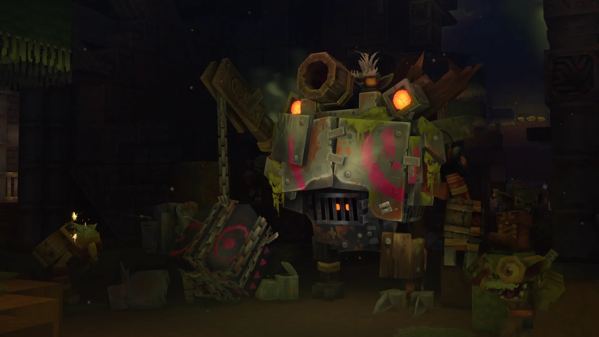 The Gobliterator, a goblin-piloted mech, waiting at the end of Hytale's first handcrafted dungeon