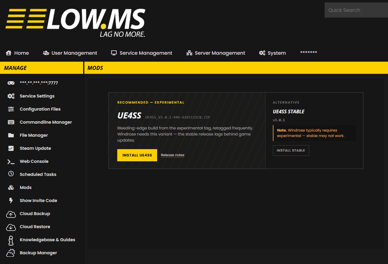 UE4SS install panel in the LOW.MS Mod Manager, showing the Experimental and Stable variants side by side