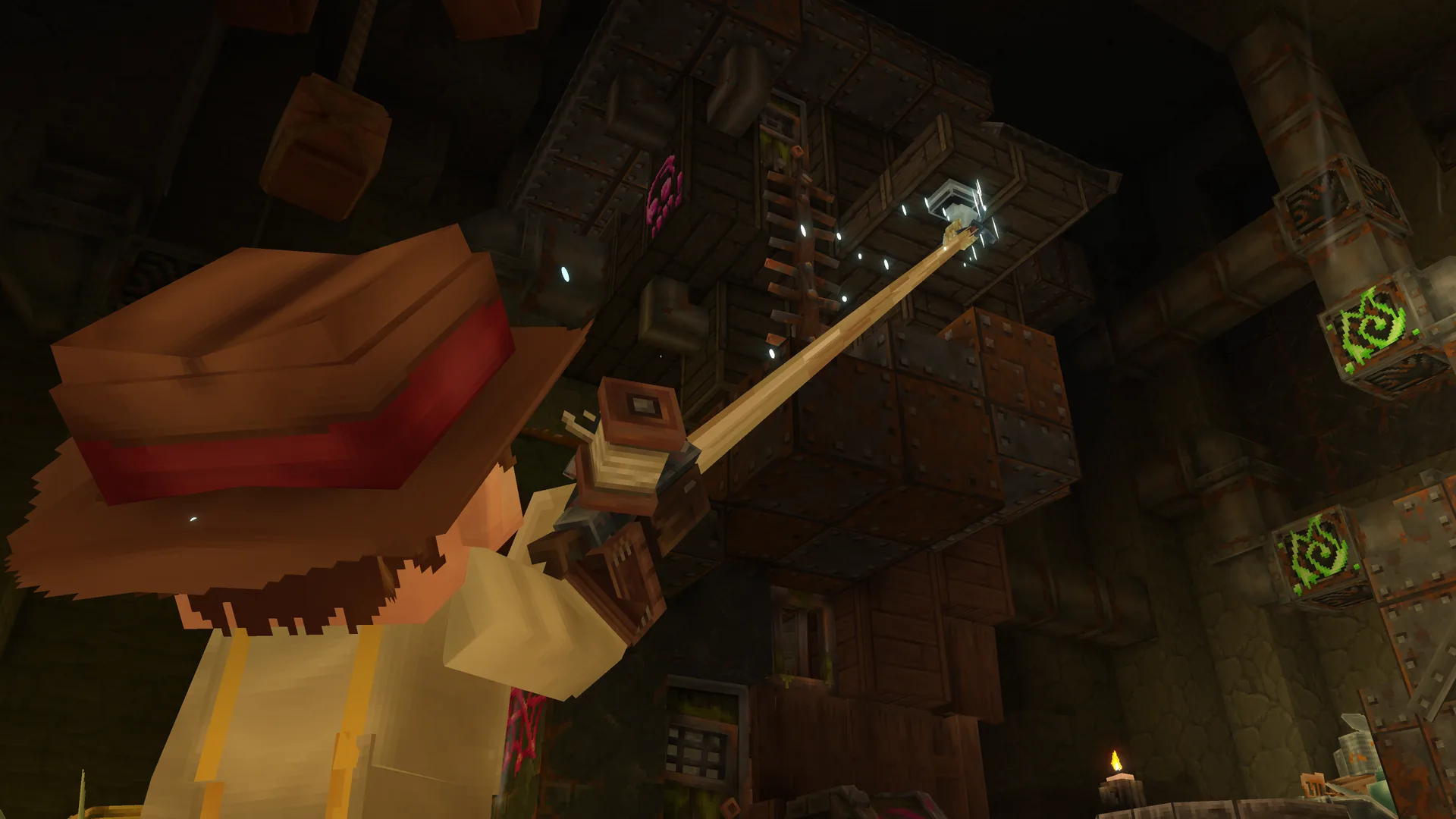 A player firing a hookshot up into a goblin scrap tower