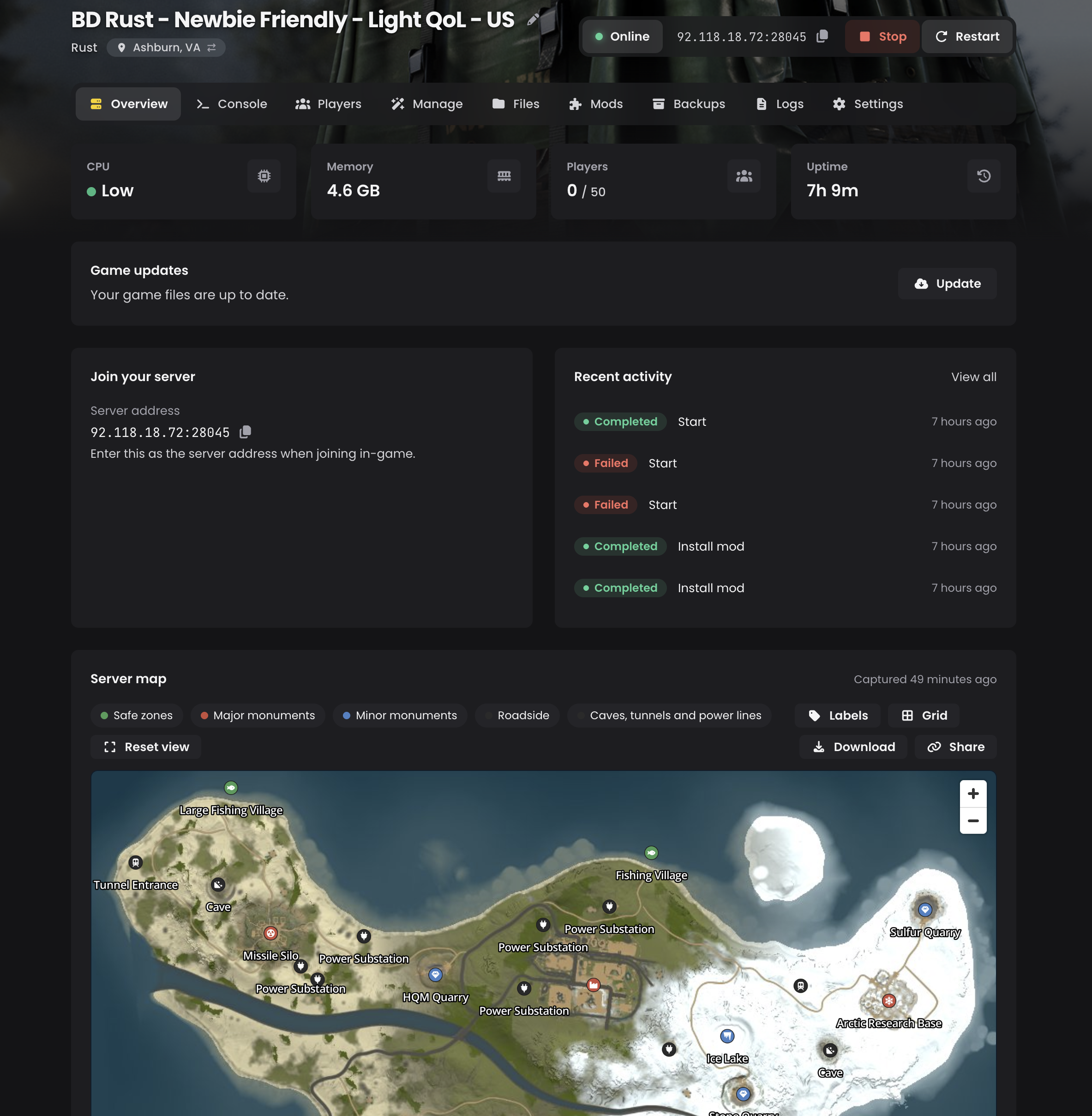 Rust map with monuments and grid in the LOW.MS control panel