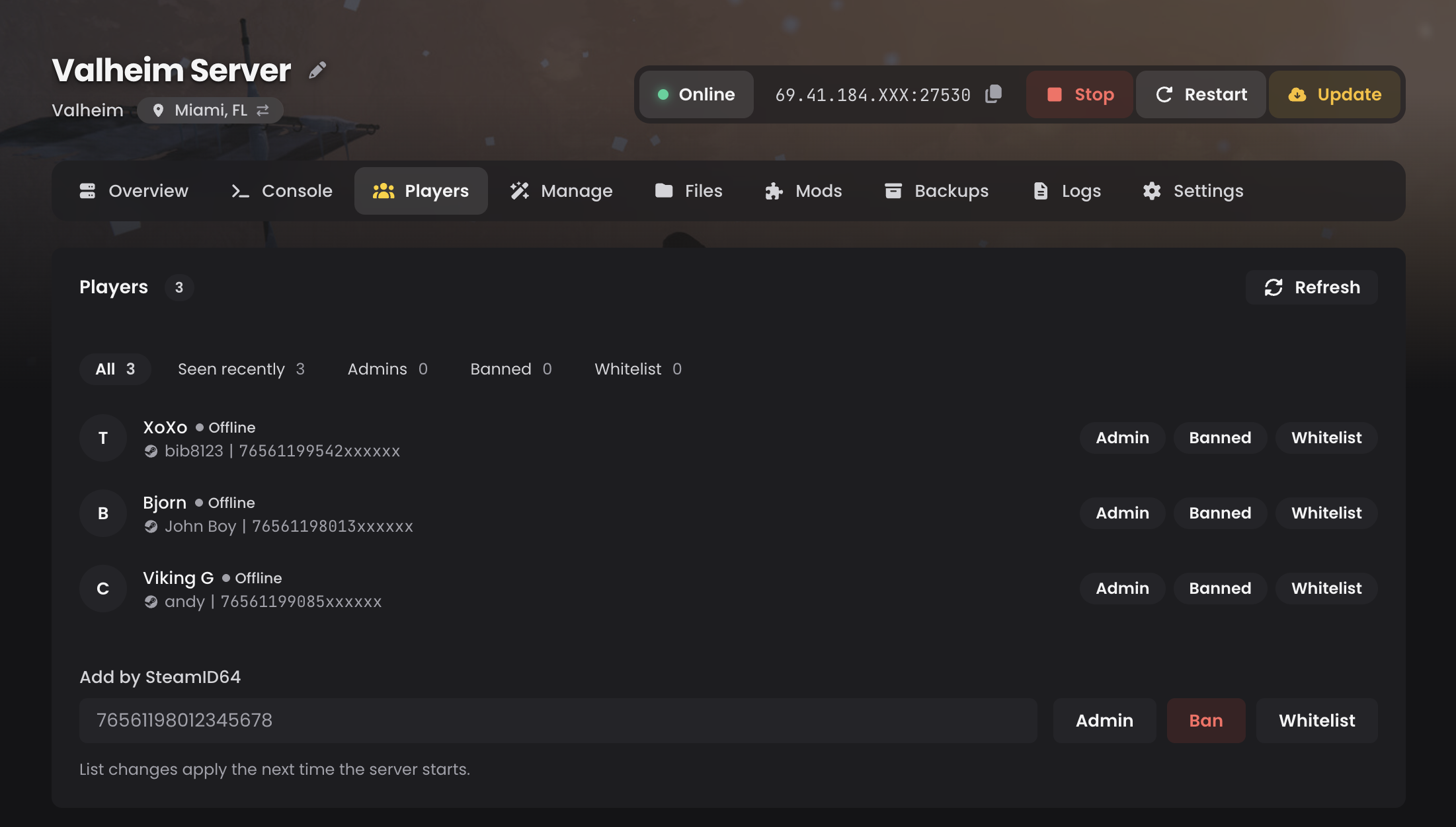 The Players tab in the LOW.MS control panel