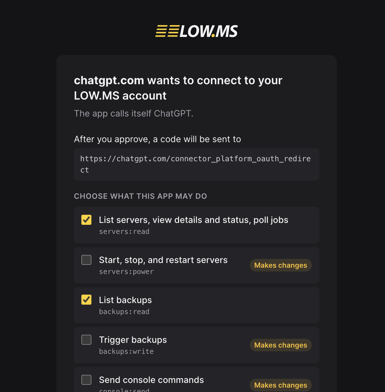 Managing a LOW.MS server through an AI assistant