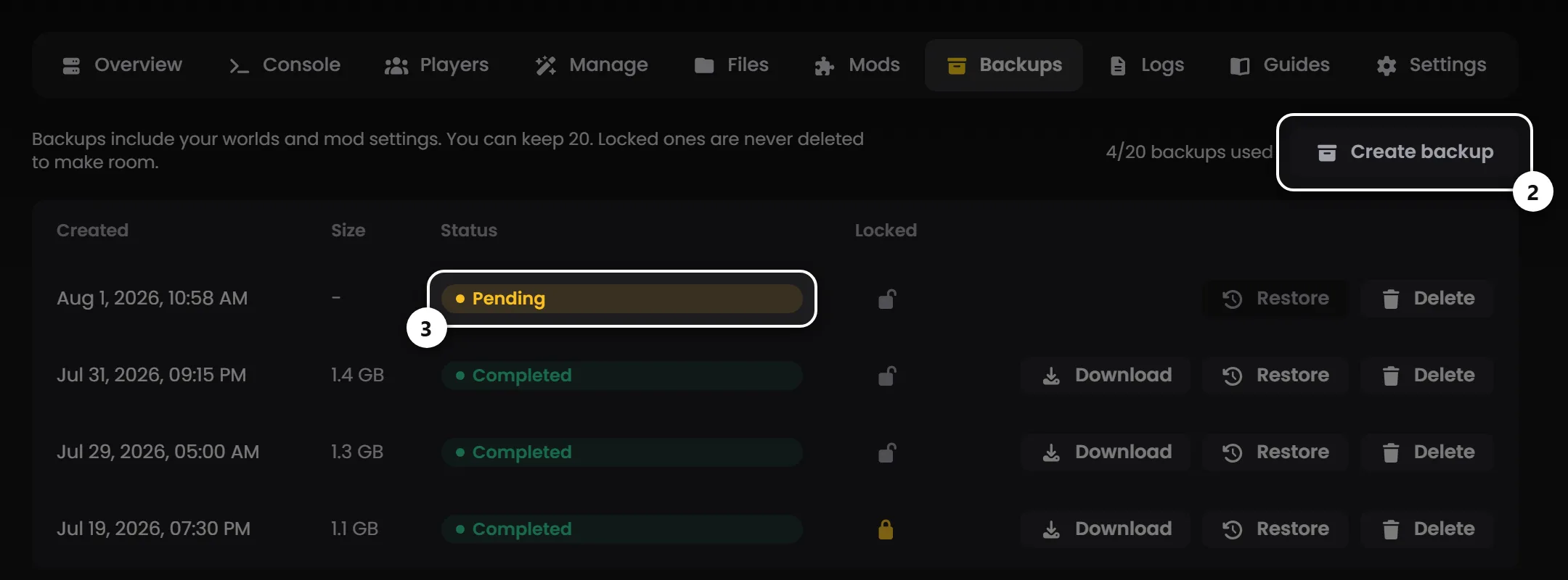The Backups tab with the Create backup button highlighted