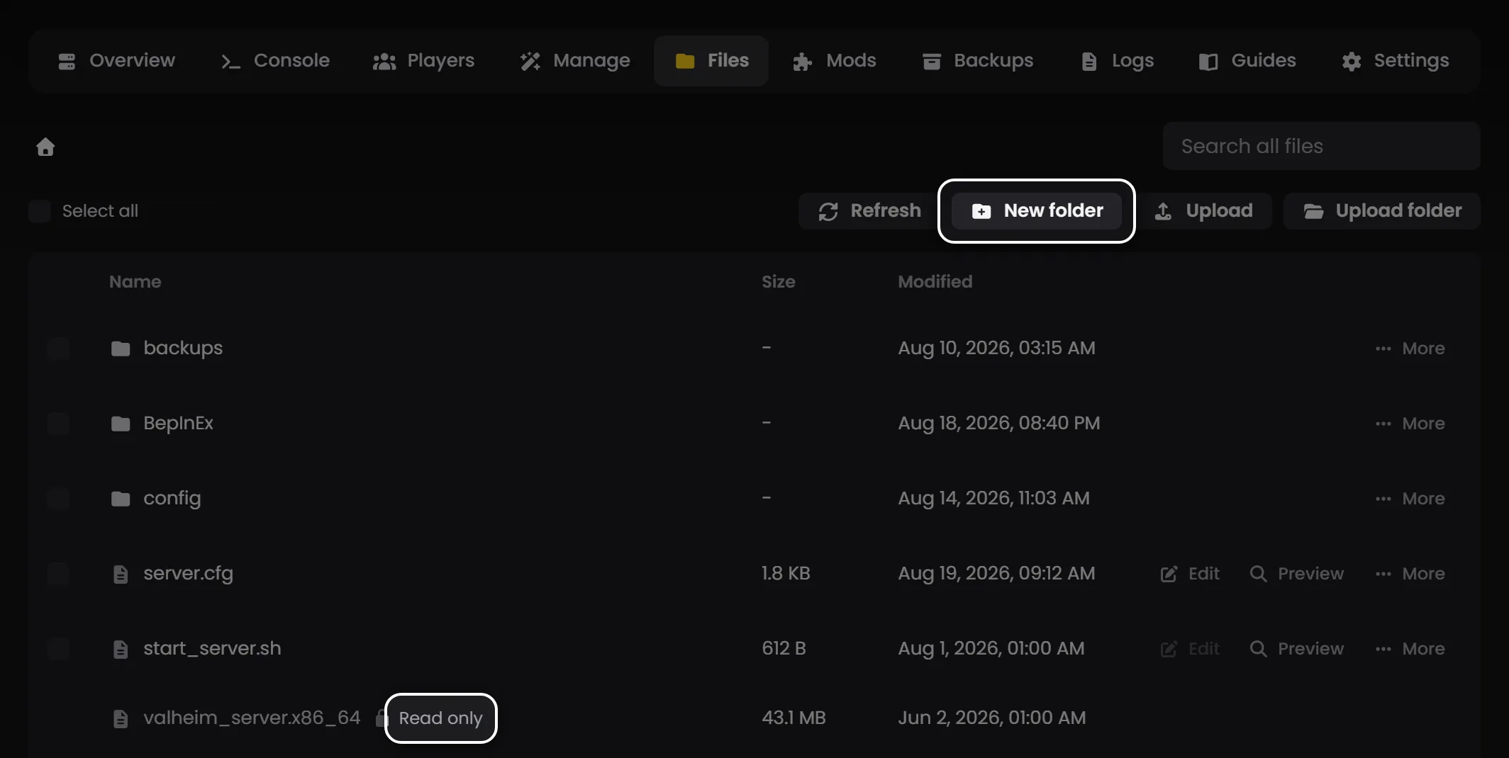 The Files tab of the LOW.MS control panel showing a folder of server files
