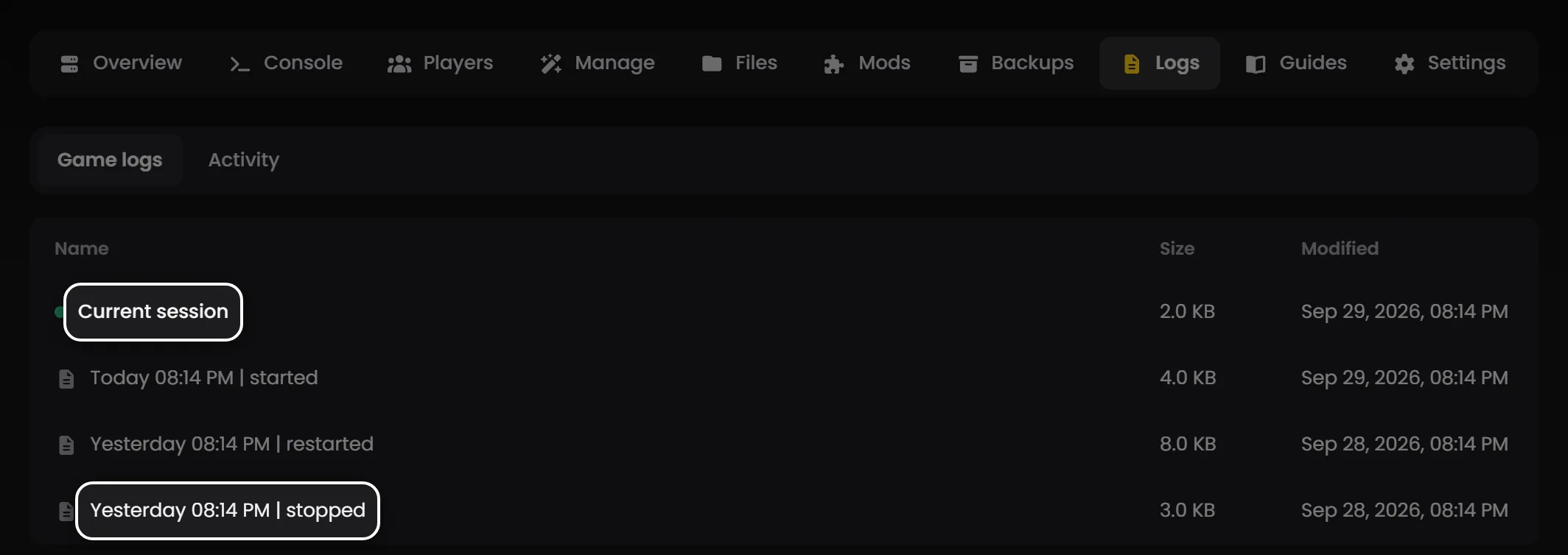 The Logs tab in the LOW.MS control panel, listing the current session and past sessions