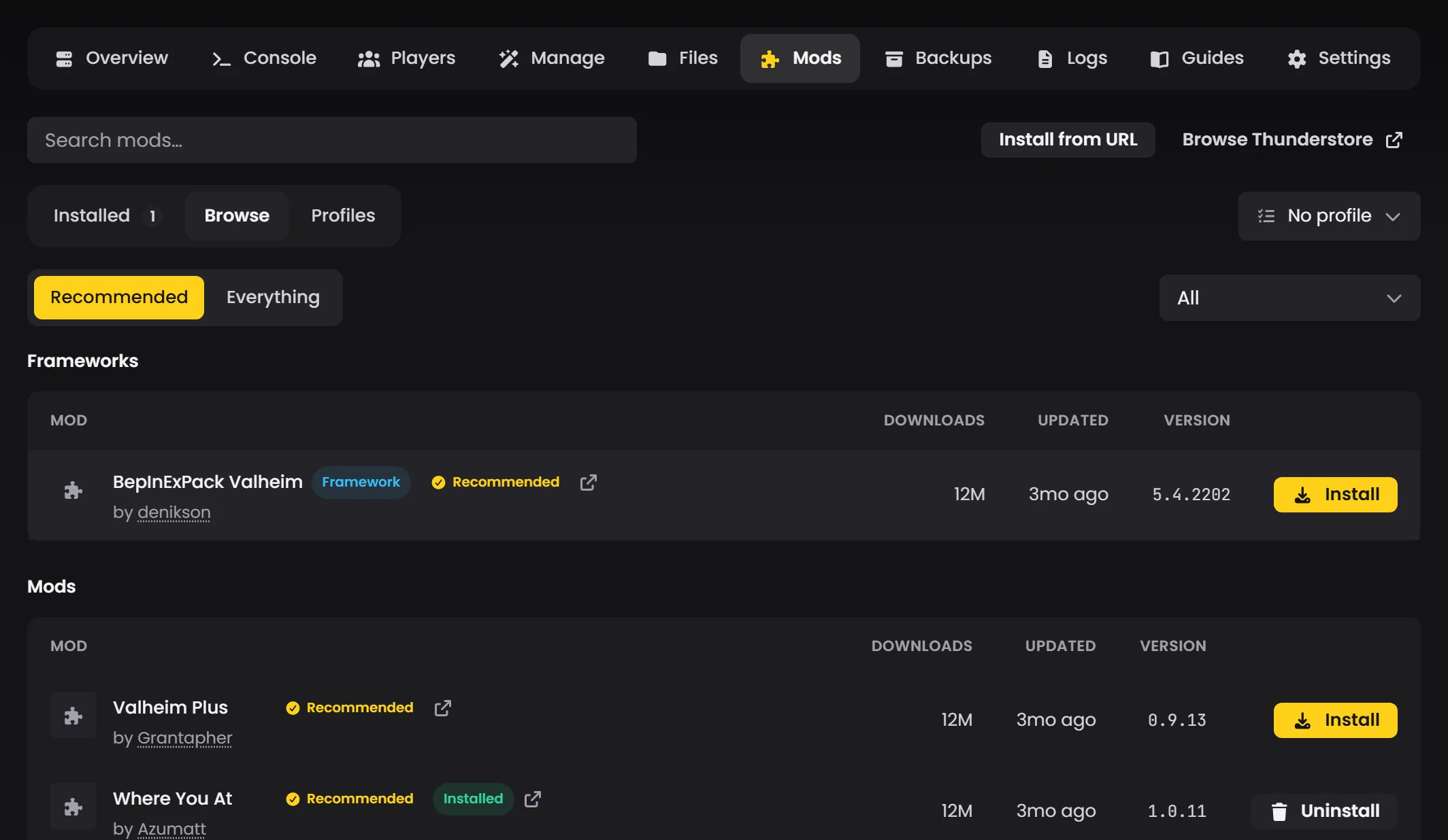The Mods tab Recommended list, split into Frameworks and Mods, with search and Install from URL above it