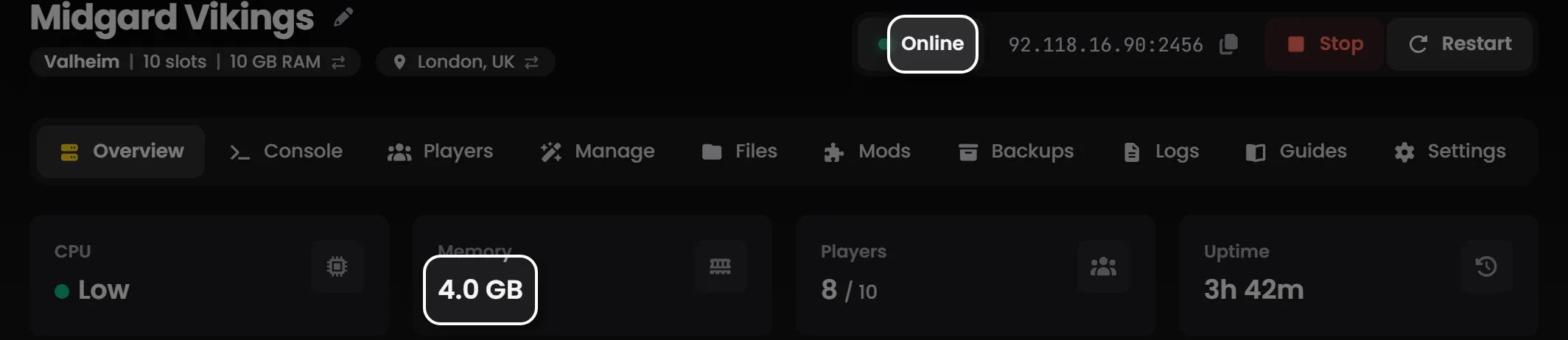 The Overview tab of the LOW.MS control panel for a running server, with live CPU, memory and player stats