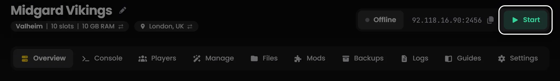 The top of the server page with the server offline and the Start button highlighted