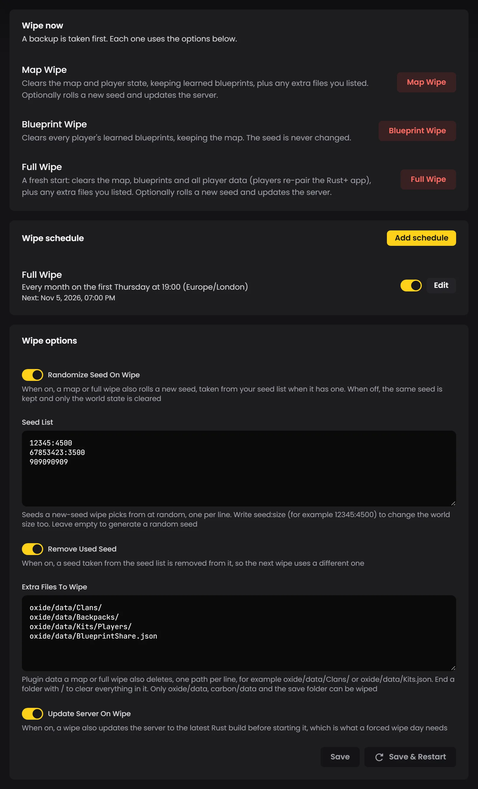 The Wipe section of a Rust server's Manage tab, with Wipe now, Wipe schedule and Wipe options