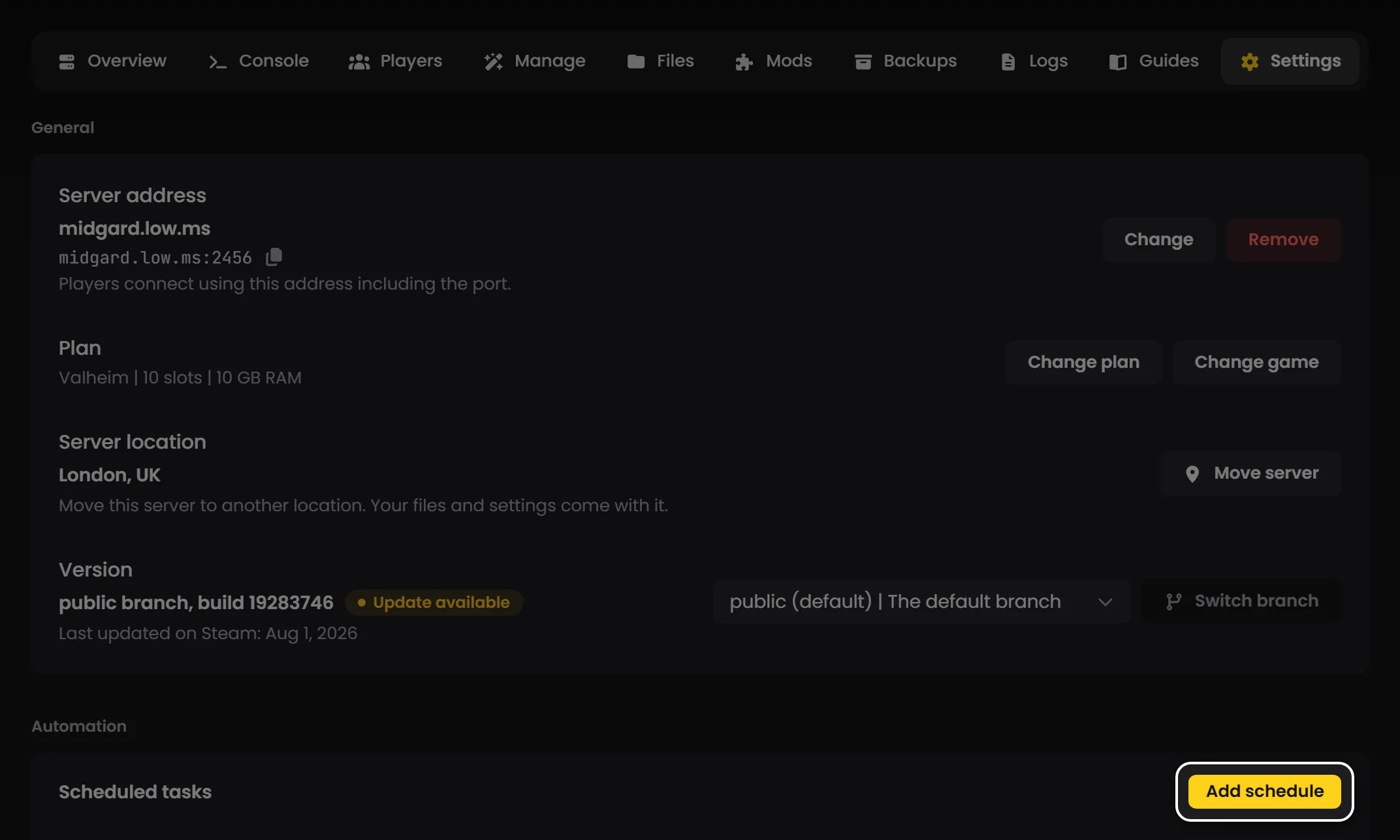 The Settings tab of the LOW.MS control panel with the Add schedule button ringed