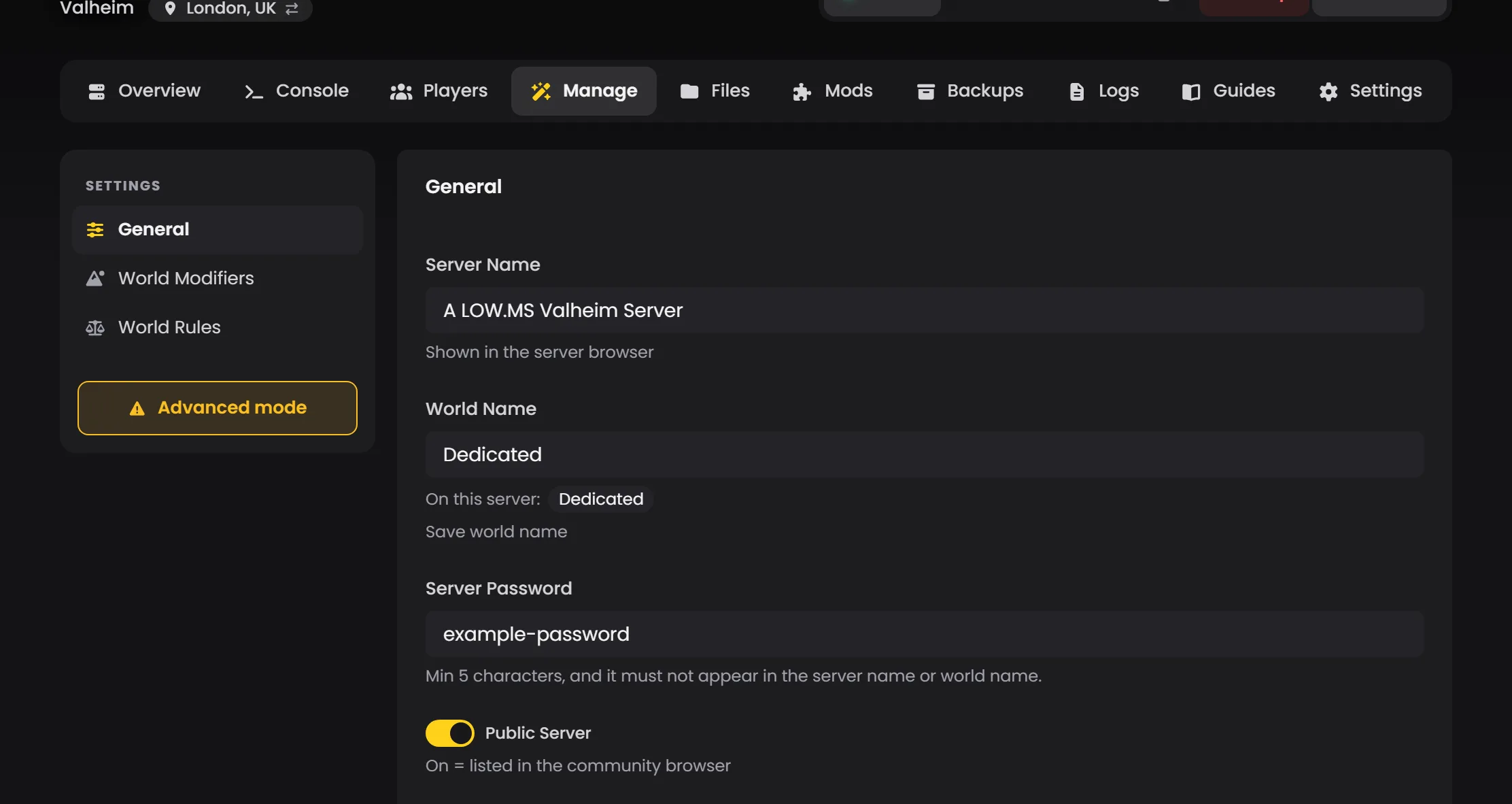 Valheim's Manage tab on the General group, showing Server Name, World Name with its suggestion chip, Server Password and Public Server