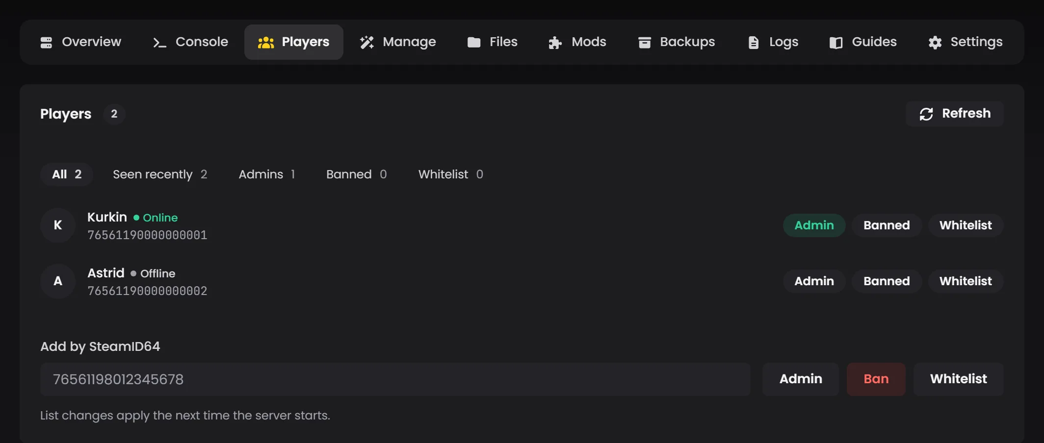 The Players tab: a filter chip per list, an Admin, Banned and Whitelist toggle on every player row, and the Add by SteamID64 form underneath