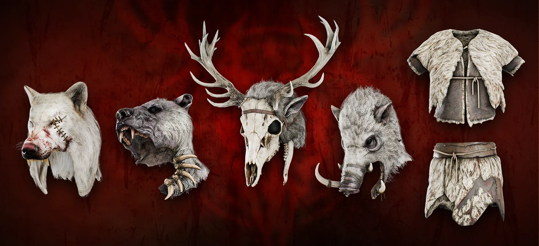 Wolf, bear, deer and boar head pieces and a fur vest and skirt, crafted from mutant animal materials in SCUM