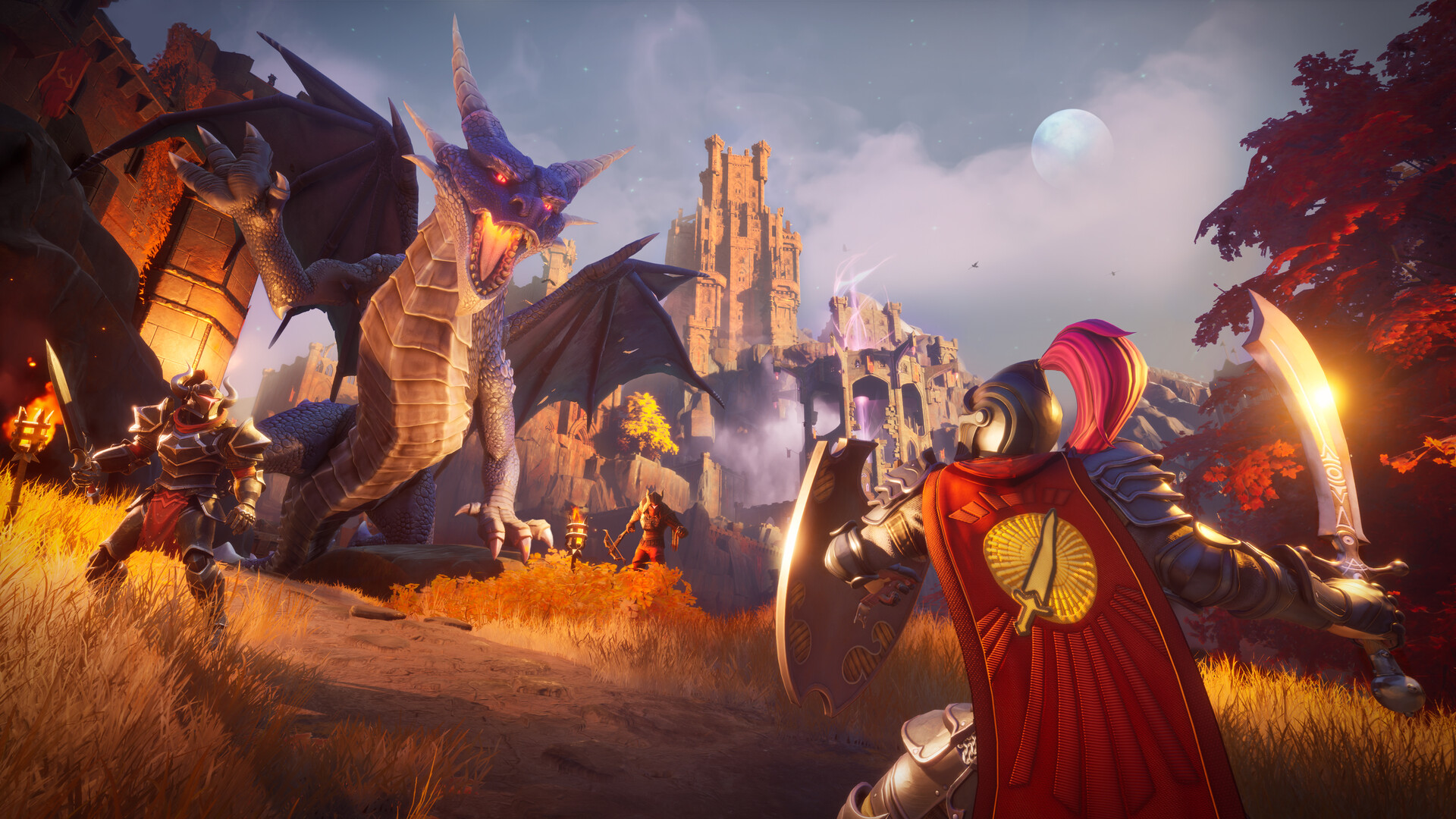 A Dragonwilds player with a shield and sword facing a winged dragon outside a ruined castle