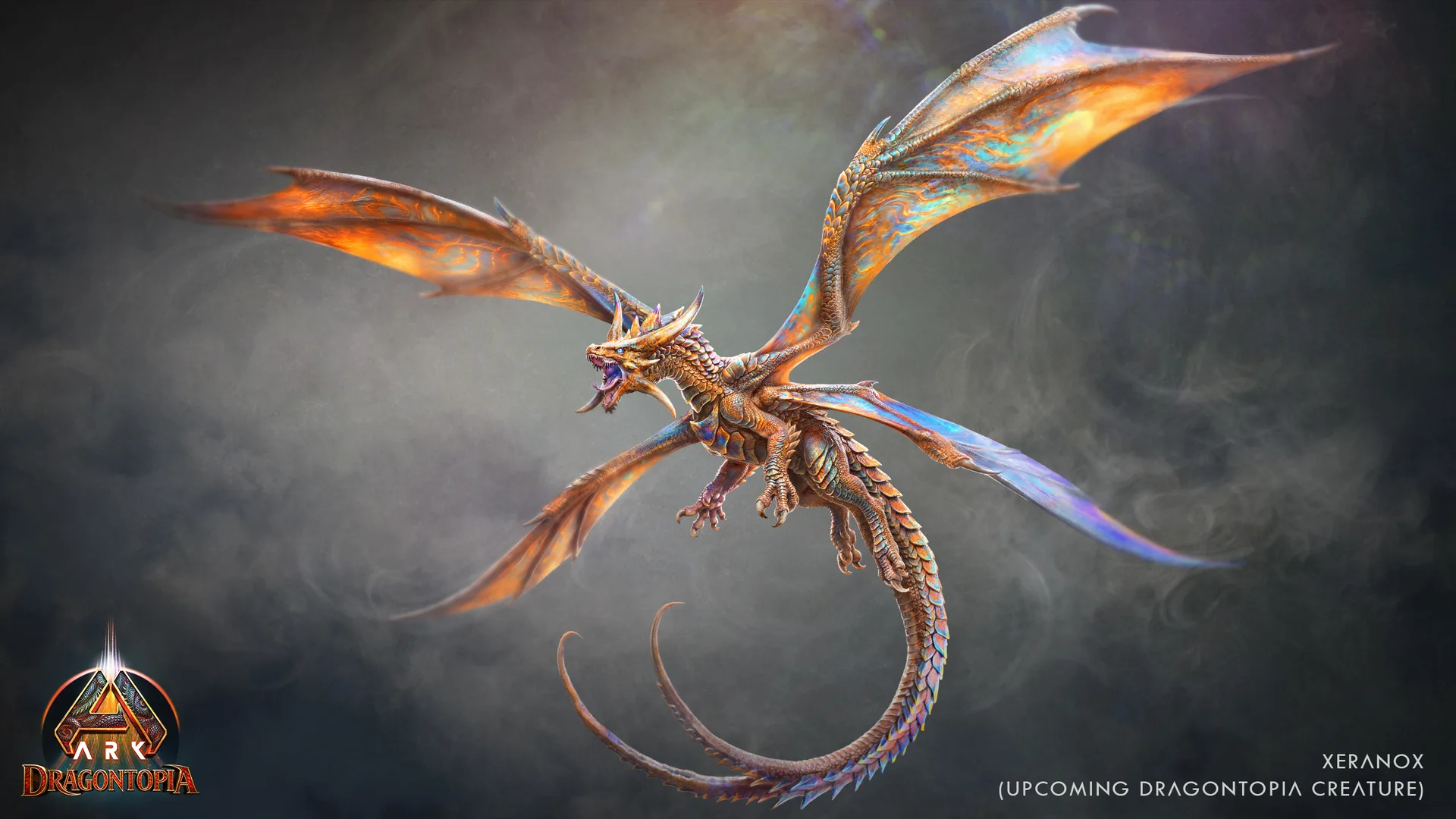 Xeranox, a four-winged golden dragon with a long curling tail, in ARK: Dragontopia key art