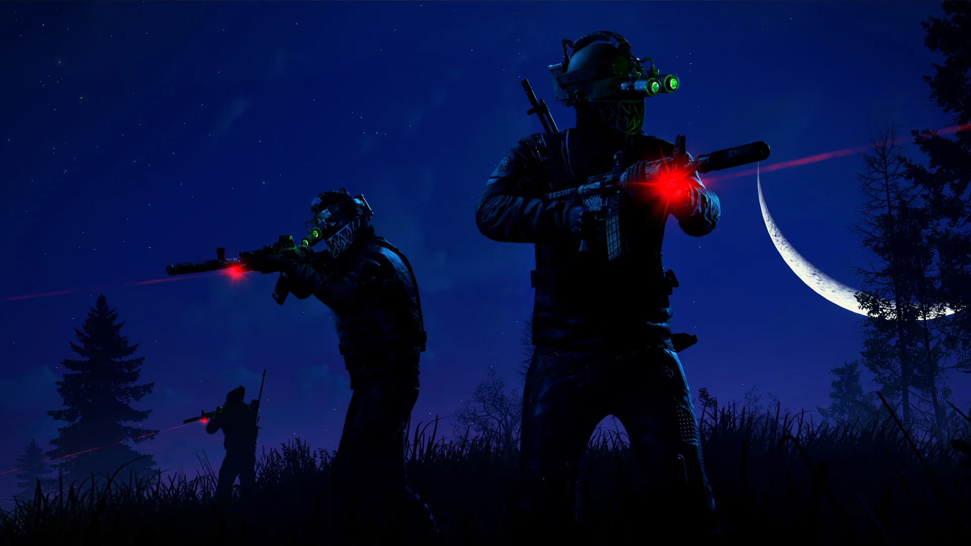 Two Rust players with laser sights moving through a forest at night under a crescent moon