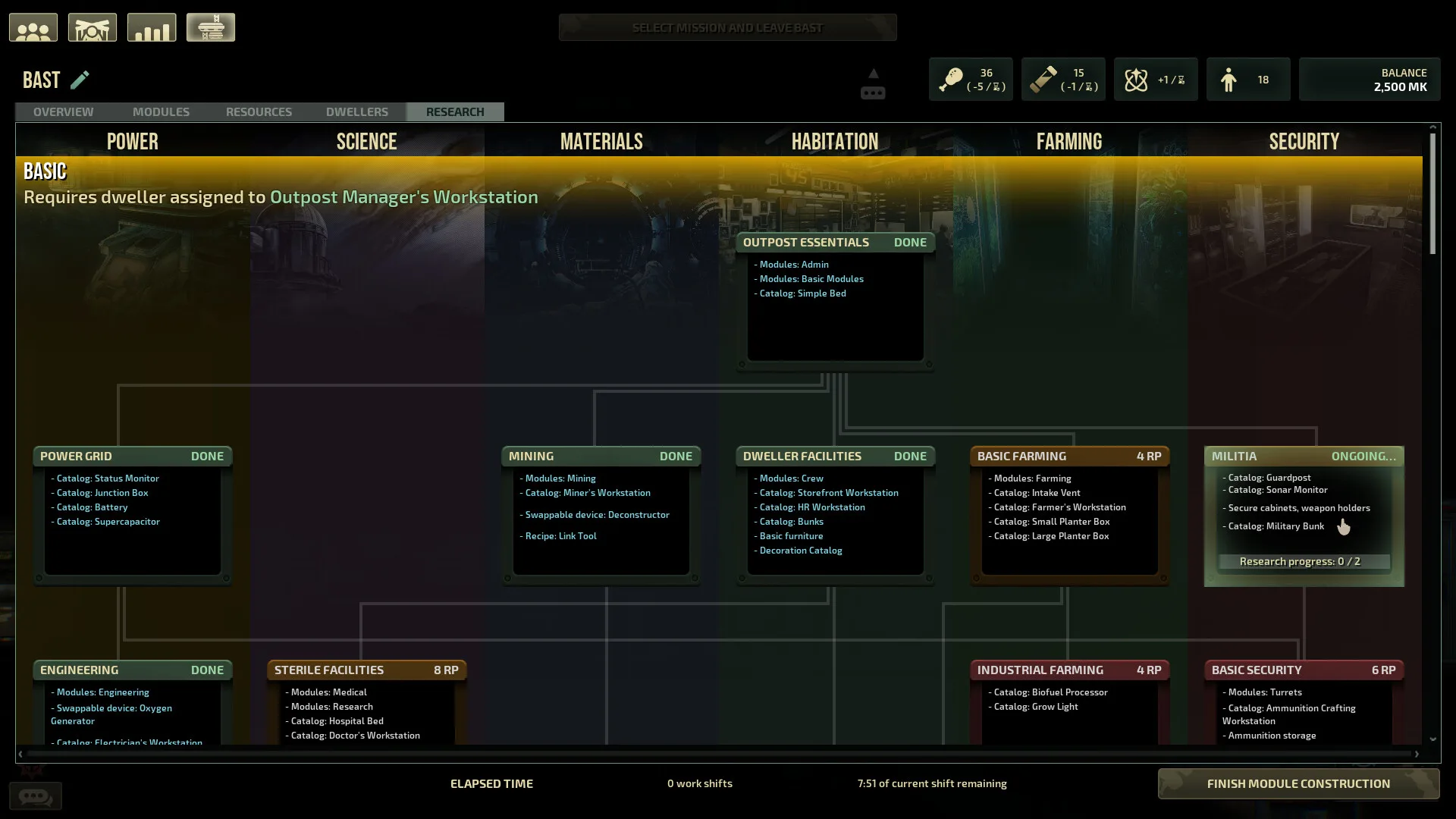 The Home & Harbor research tree with Power, Science, Materials, Habitation, Farming and Security columns