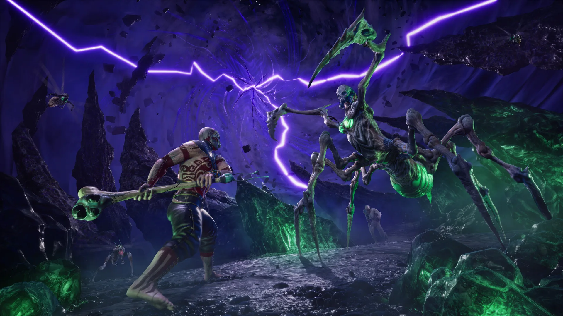 An exile with a bone club faces a giant skeletal Mi-Go with green-glowing scythe arms inside a purple rift arena, in Conan Exiles Legacy of the Giant-Kings Part Two