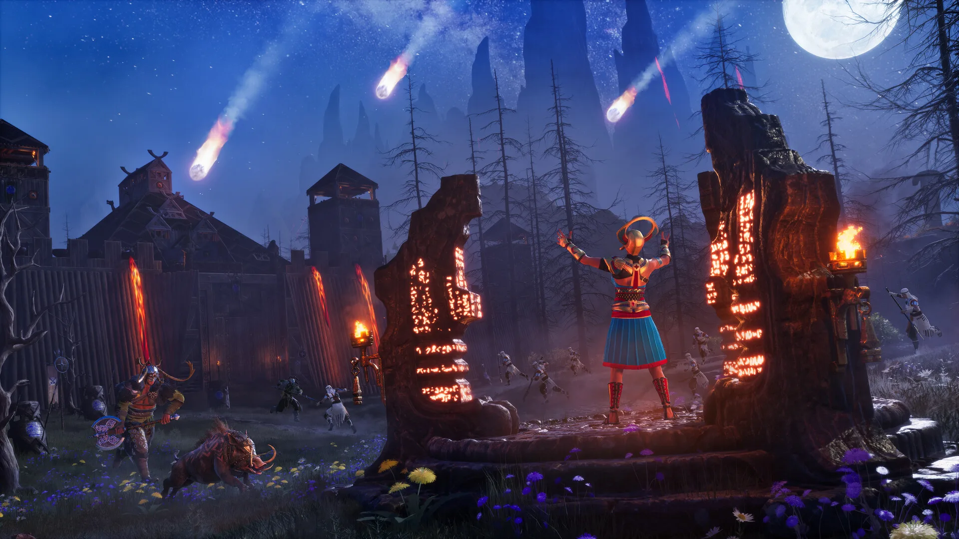 A Conan Exiles base under attack at night
