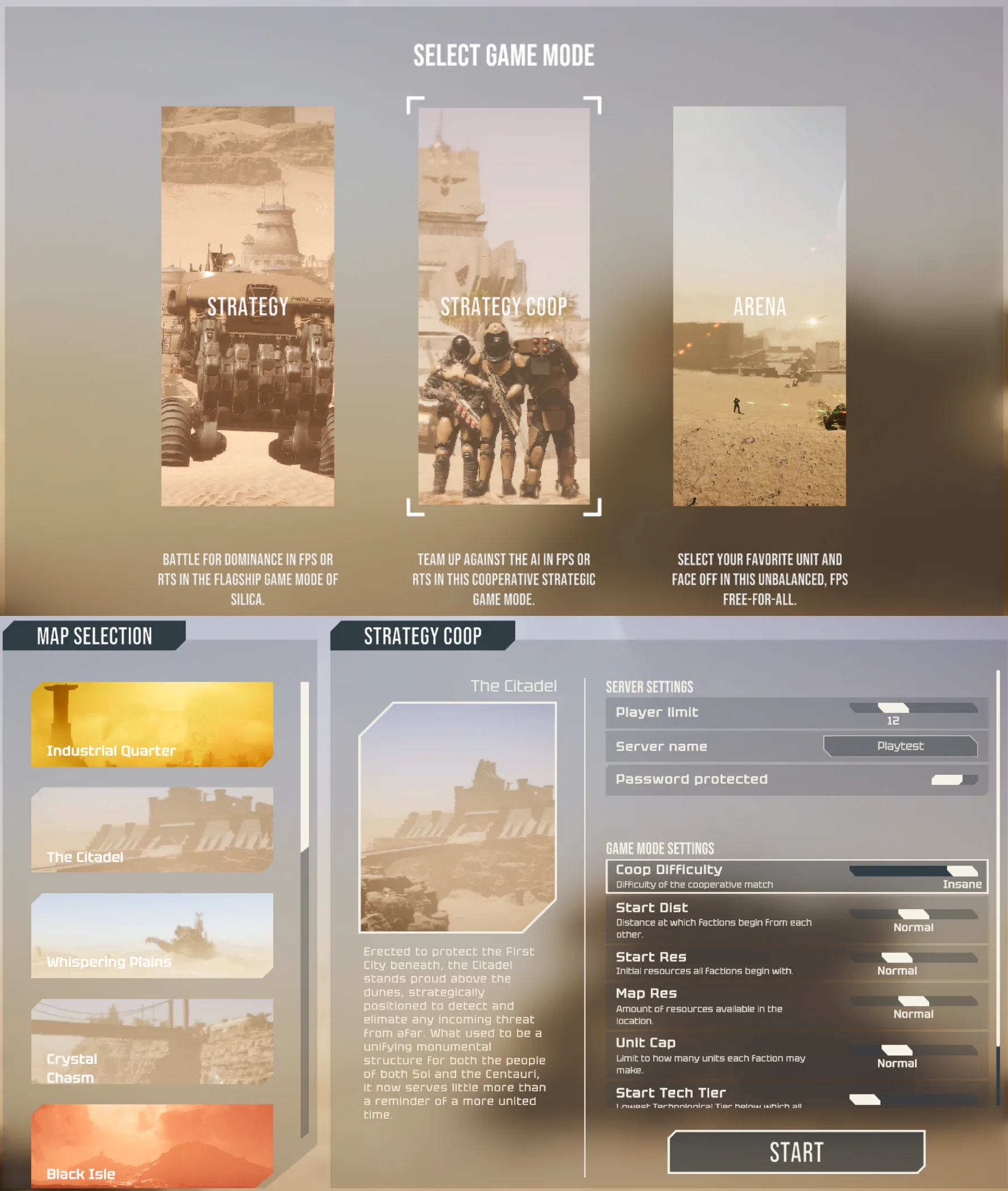 The COOP Strategy setup screen, with a Coop Difficulty slider set to Insane beside start distance, resources and unit cap options