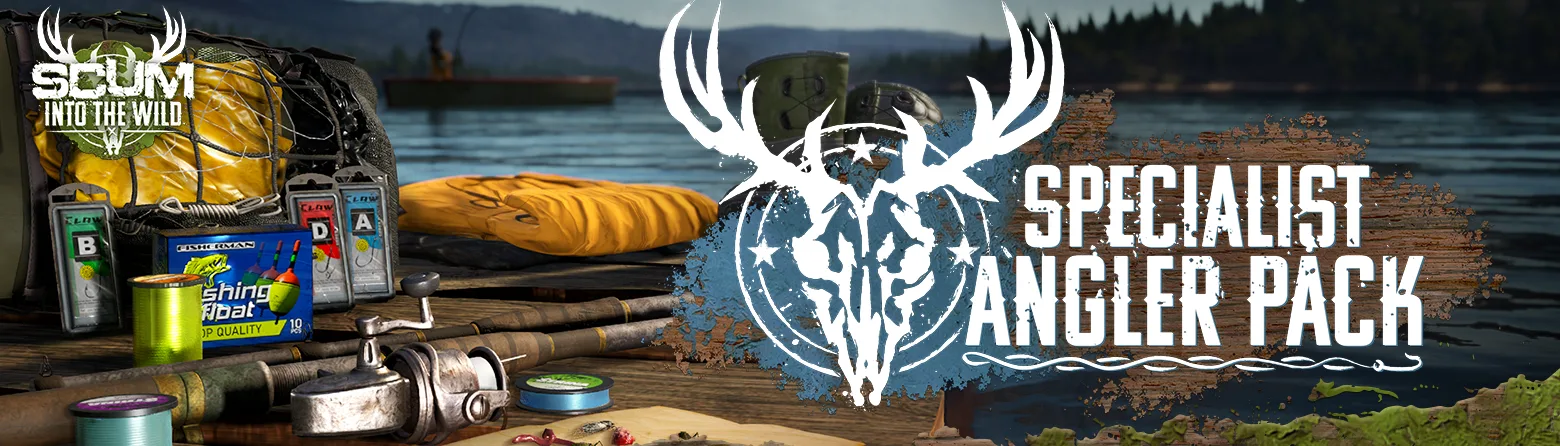 Specialist Angler Pack banner showing a rod, reel, fishing floats, hooks and line on a jetty