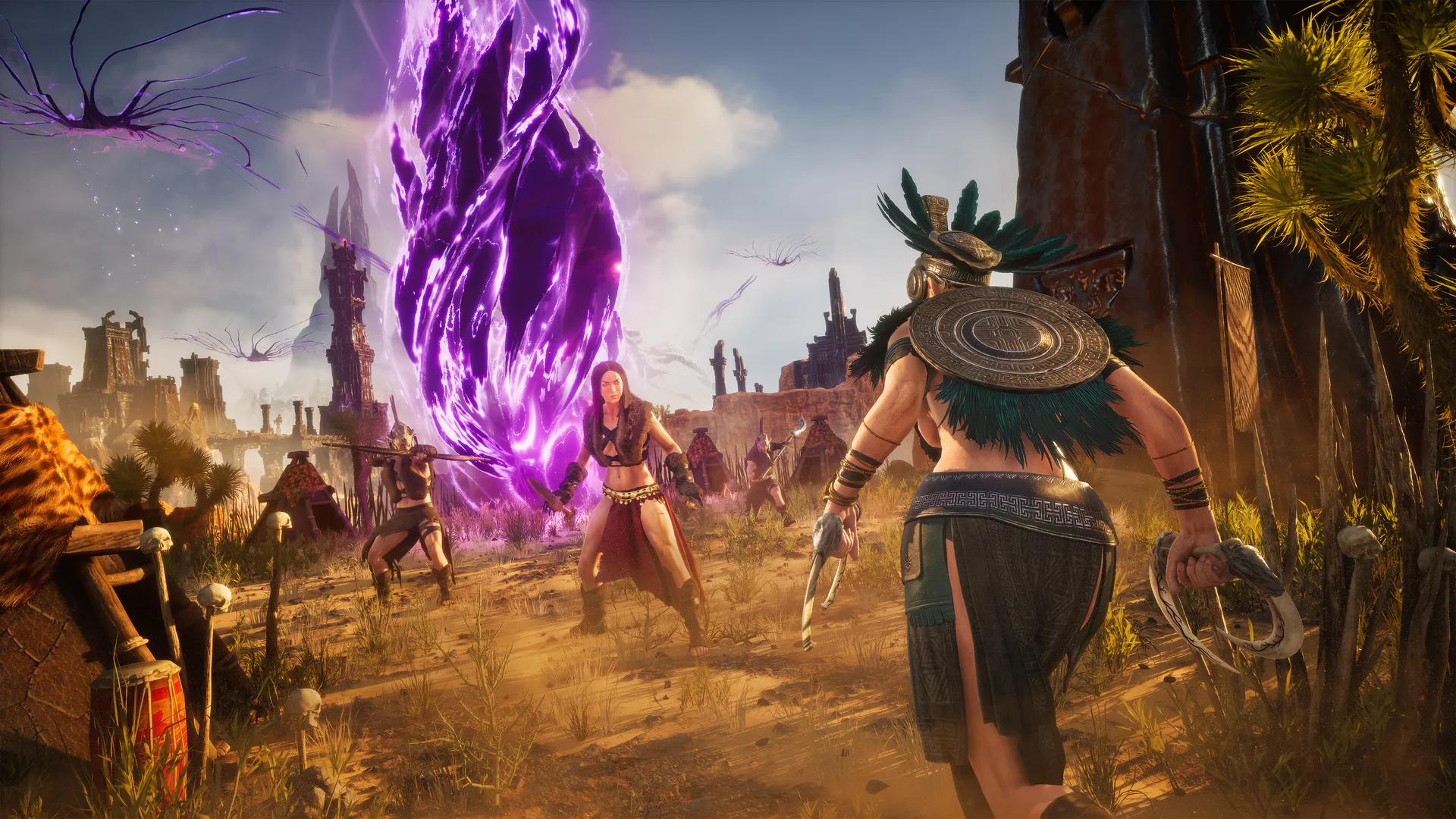 Two exiles face off in a desert enemy camp as a purple rift tears open behind them, in Conan Exiles Legacy of the Giant-Kings Part Two
