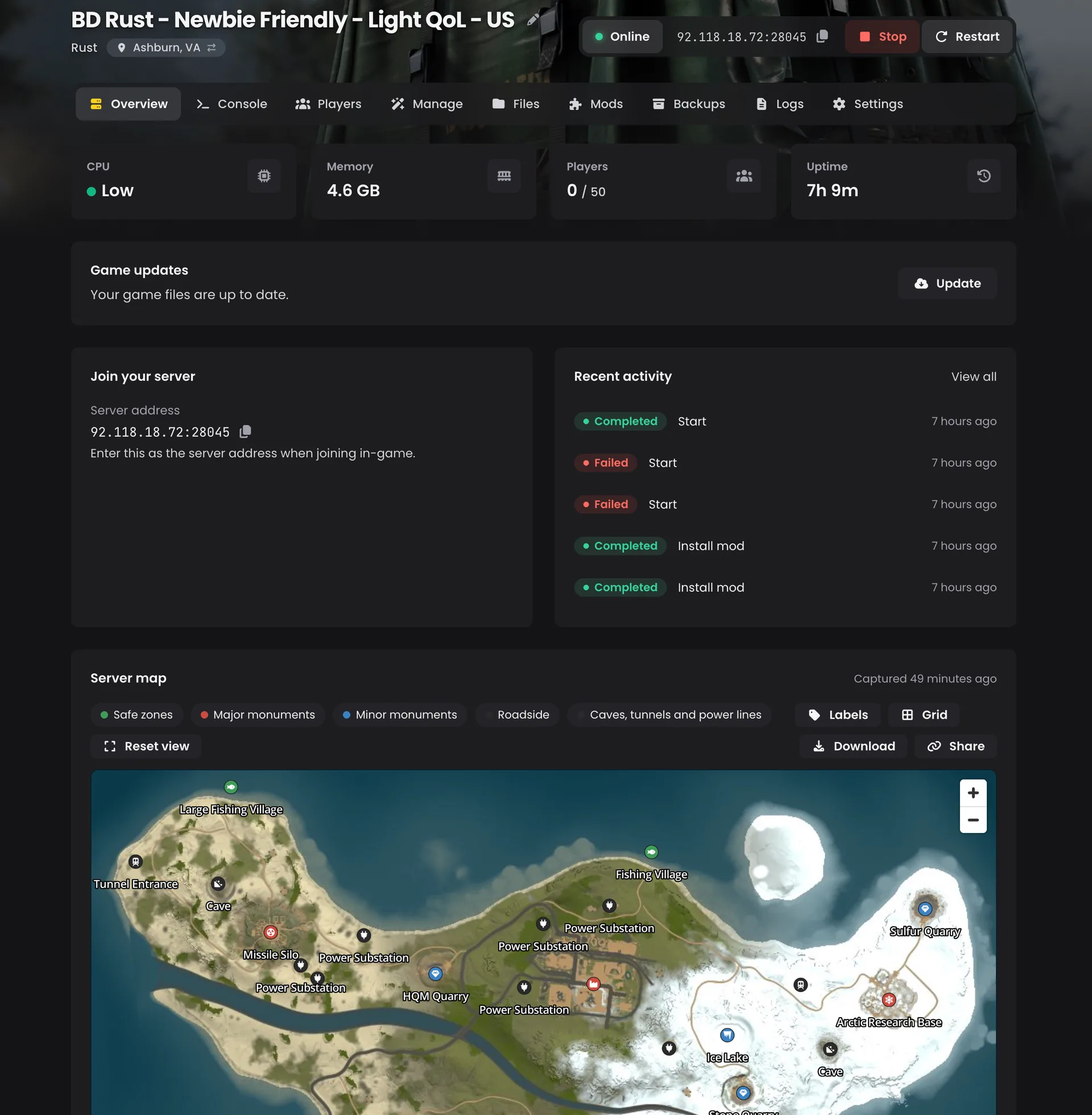 Rust map with monuments and grid in the LOW.MS control panel