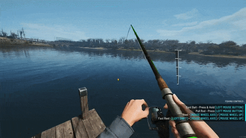 A first-person view of a prisoner casting a fishing rod from a wooden jetty in SCUM, with the new fishing controls on screen