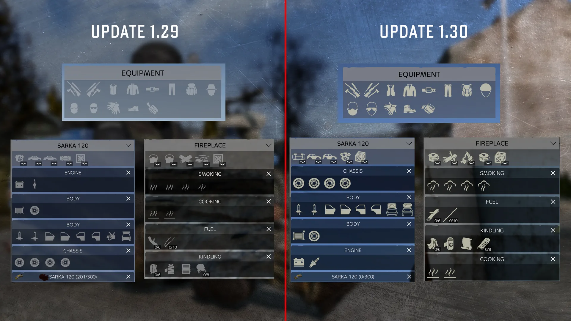 The DayZ inventory side by side in Update 1.29 and Update 1.30, showing the redrawn icon set