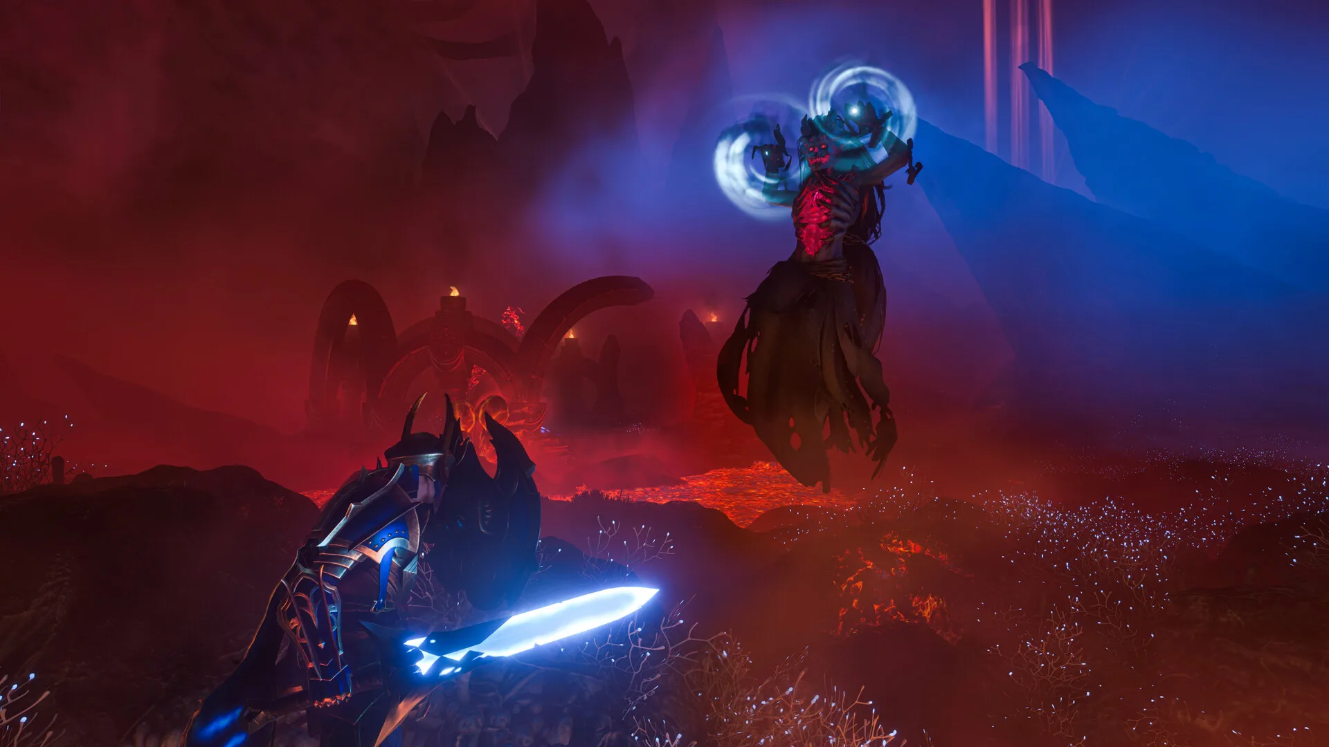 An armoured Flameborn with a glowing blue sword facing a floating caster over a field of lava in Enshrouded