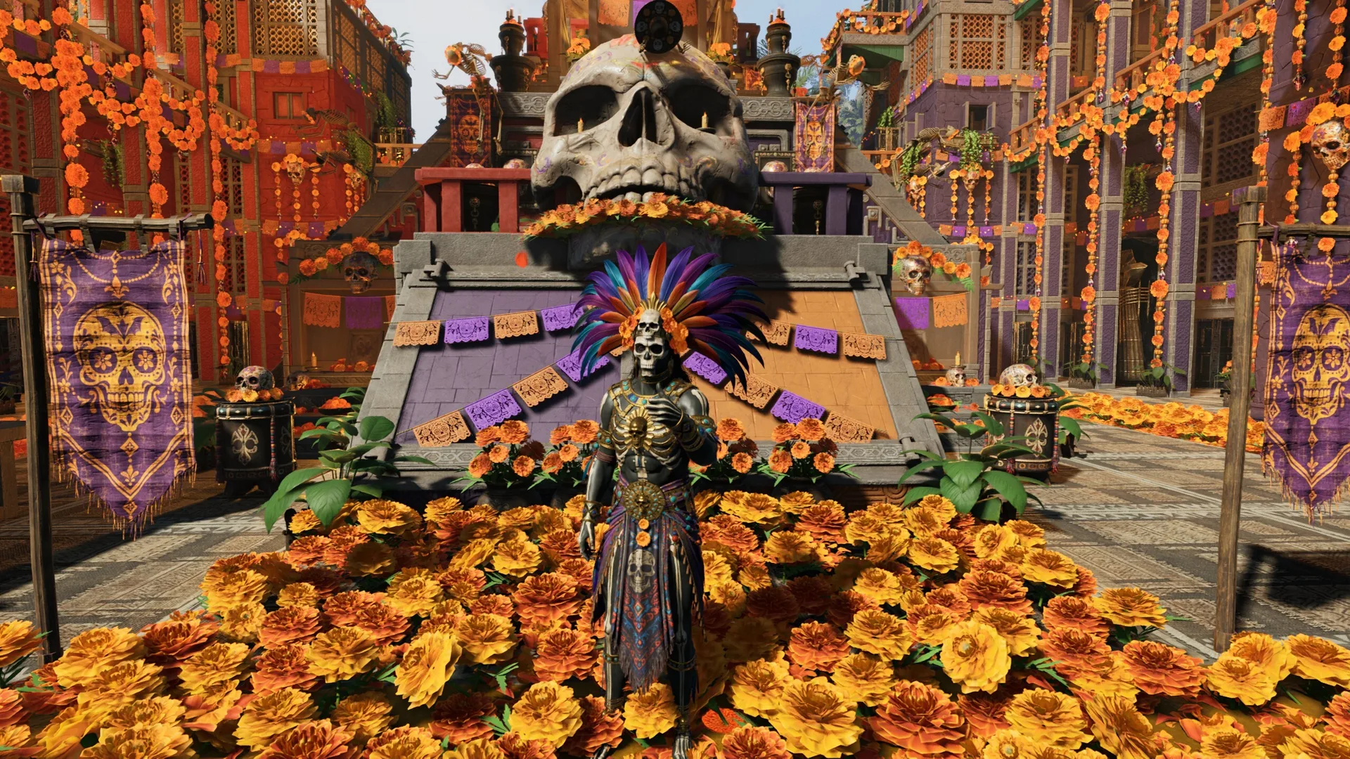 A skeletal figure in a feathered headdress standing on a bed of marigolds in front of a giant skull