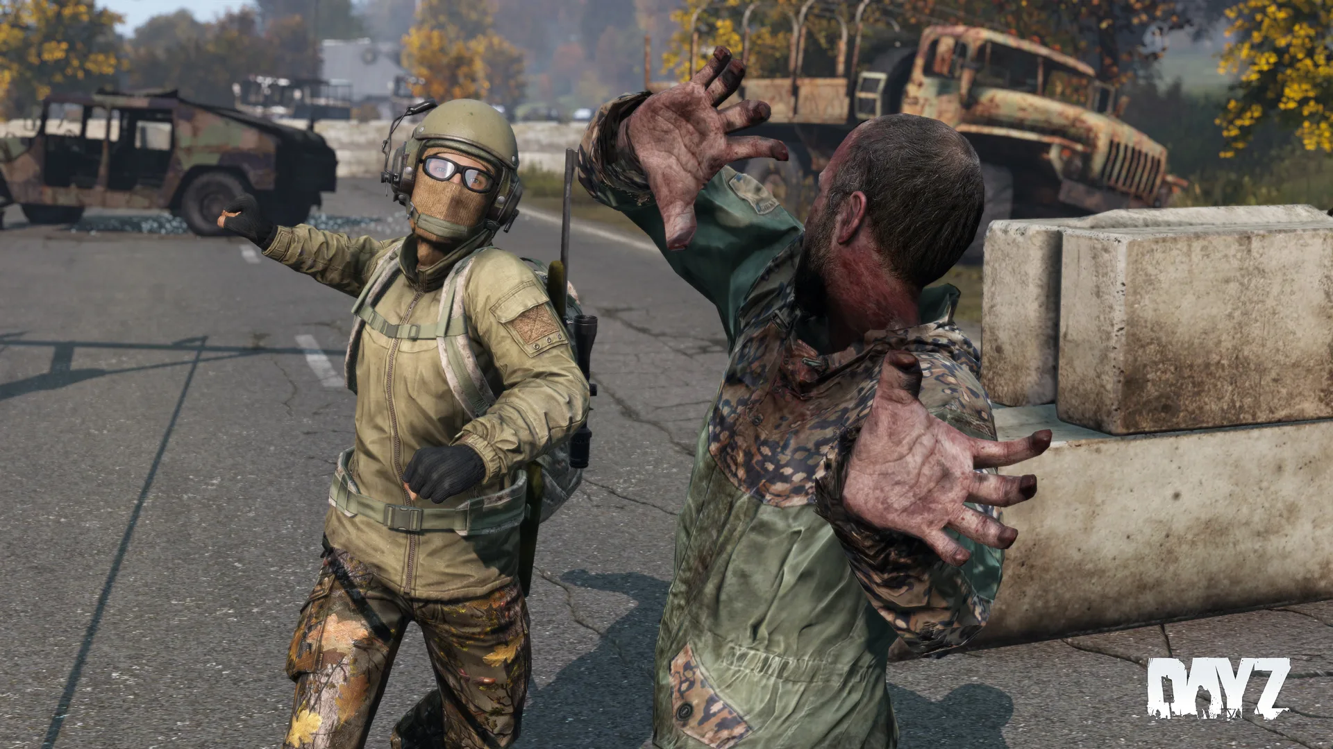 An infected swinging at a survivor in military gear on a road, from the Update 1.30 announcement