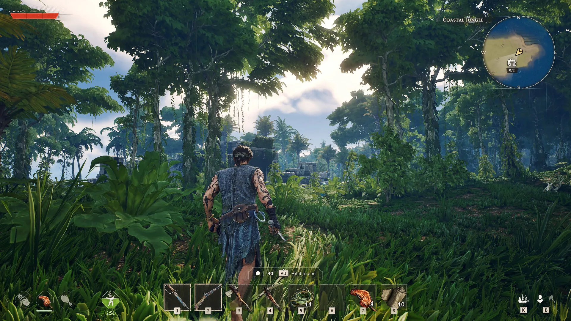 A Windrose player walking through dense coastal jungle