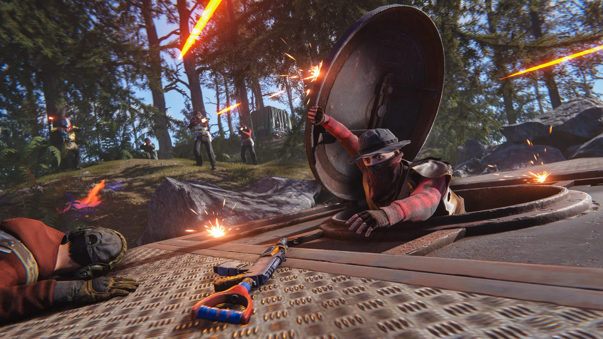 A Rust player lying beside a satellite dish as fire streaks overhead