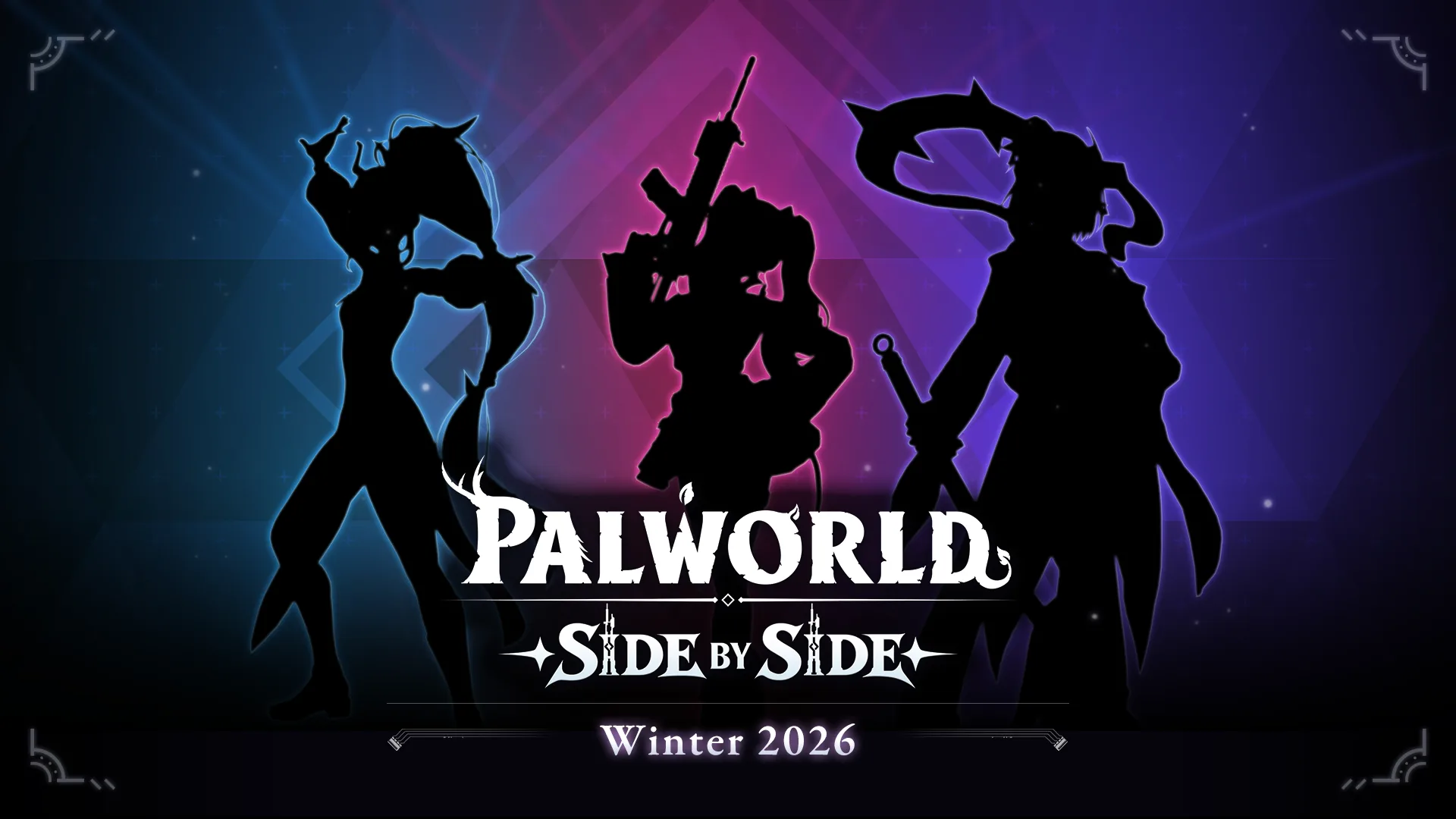 Three silhouetted characters above the Palworld: Side by Side logo and the words Winter 2026