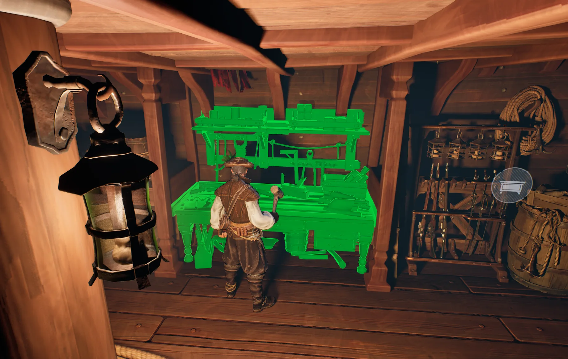 A player placing a workbench in a ship's hold, with the building spot highlighted in green