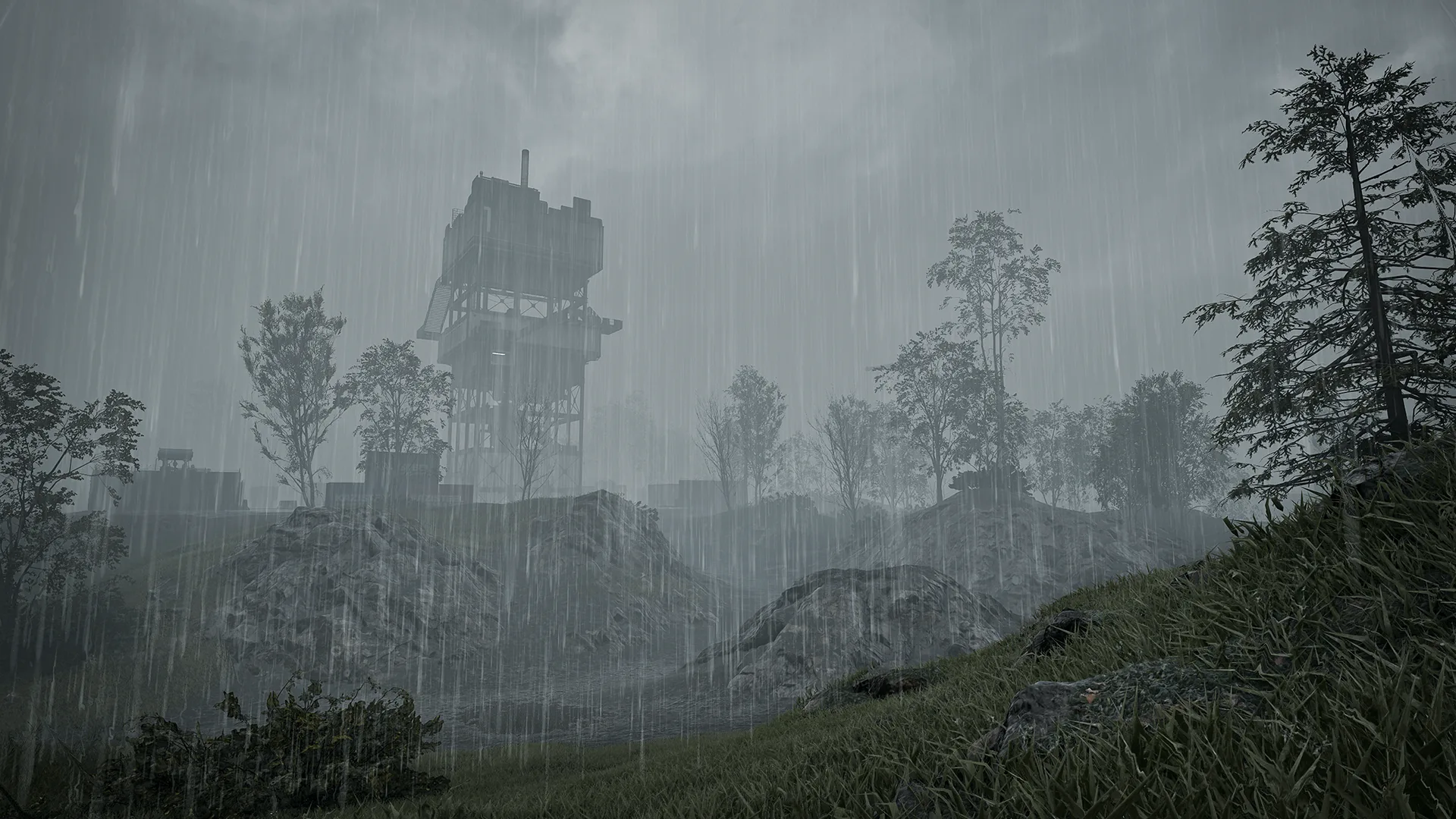 A rainy Season 2 battlefield with a tower in the fog