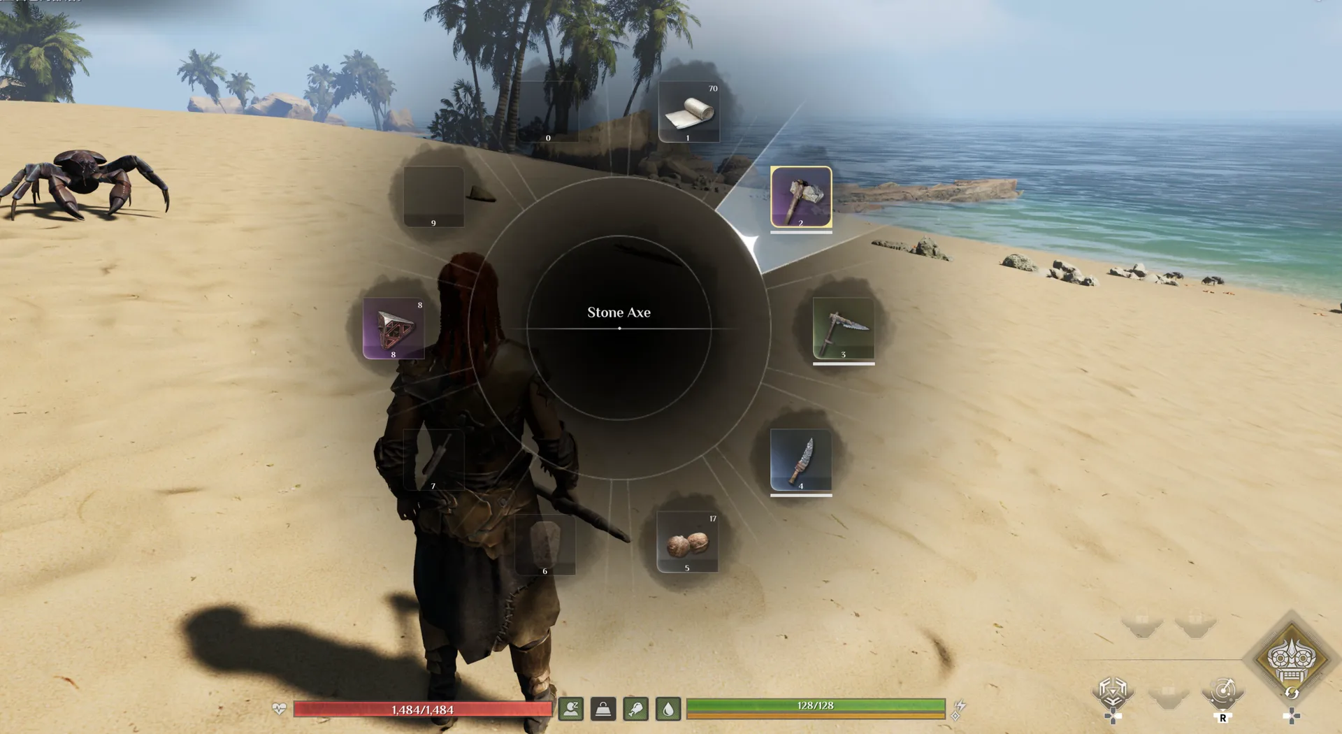 The new controller radial menu open over a beach, with tools arranged in a ring around the selected Stone Axe