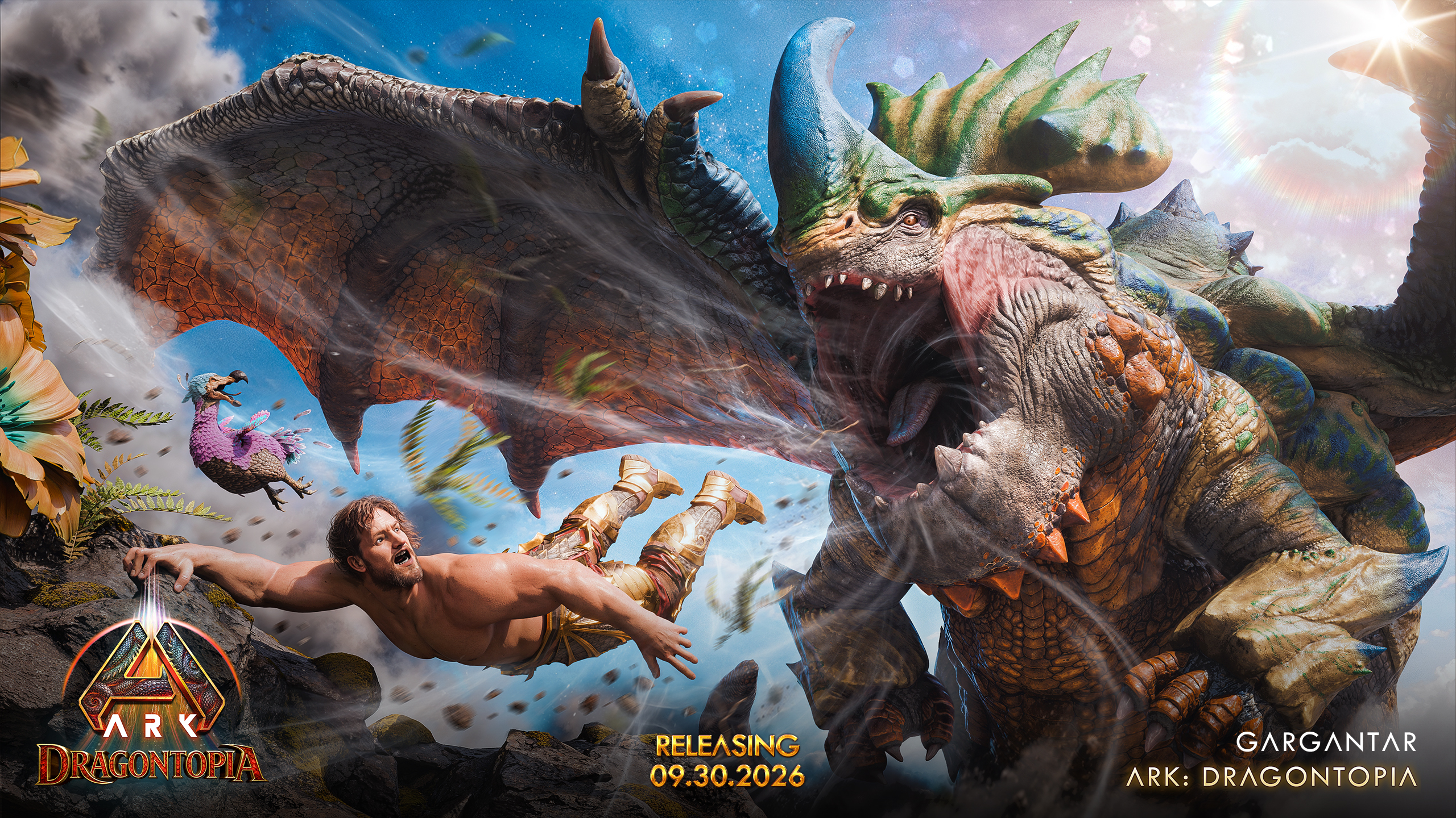 Gargantar, a huge dragon, inhaling a survivor and debris in ARK: Dragontopia key art