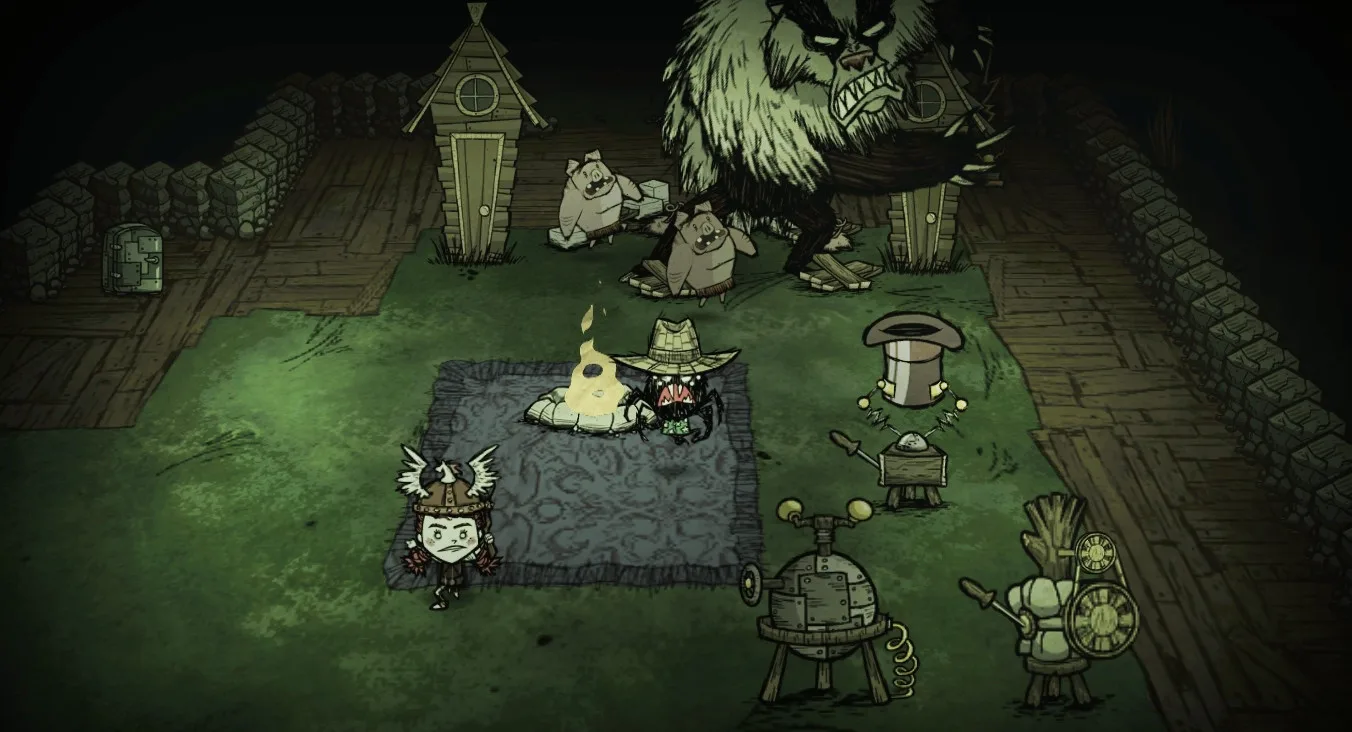 Bearger tearing through a Don't Starve Together base while Wigfrid and Webber stand by the fire pit