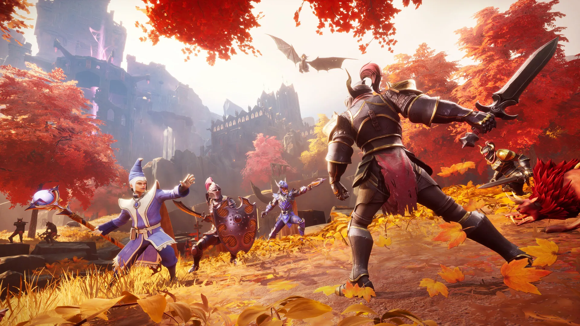 A party of RuneScape: Dragonwilds players fighting in an autumn forest beneath a ruined castle