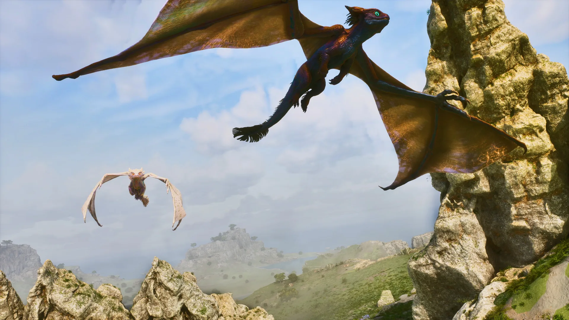 Two dragons flying past rock spires over green hills in ARK: Dragontopia