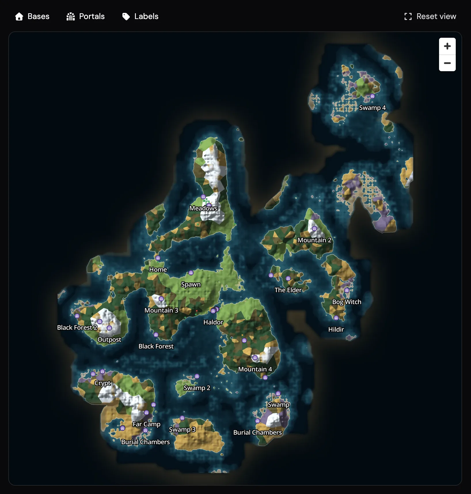 Live world map of a Valheim server in the LOW.MS control panel