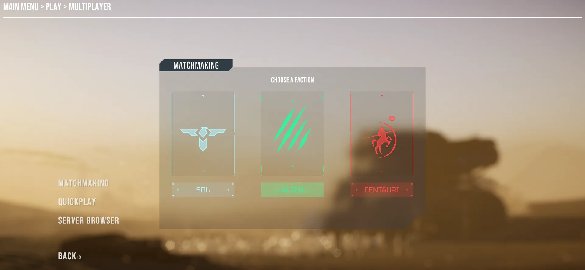 The Silica multiplayer menu with the Matchmaking panel open, offering Sol, Alien and Centauri, and Quickplay and Server Browser listed on the left