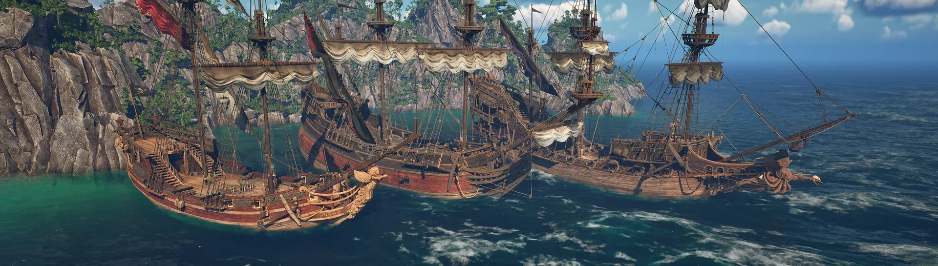 Three new ships in development, the Brigantine, Fluyt and Galleon, moored near a rocky coast