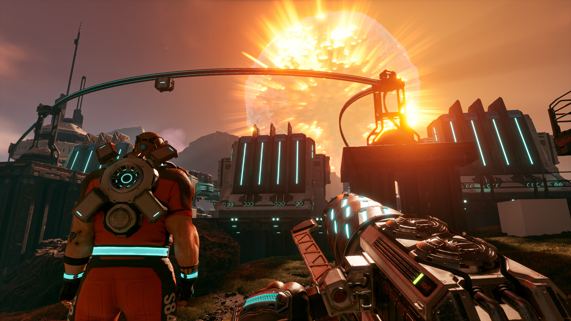 Two StarRupture players in front of a base while a fire wave lights up the sky