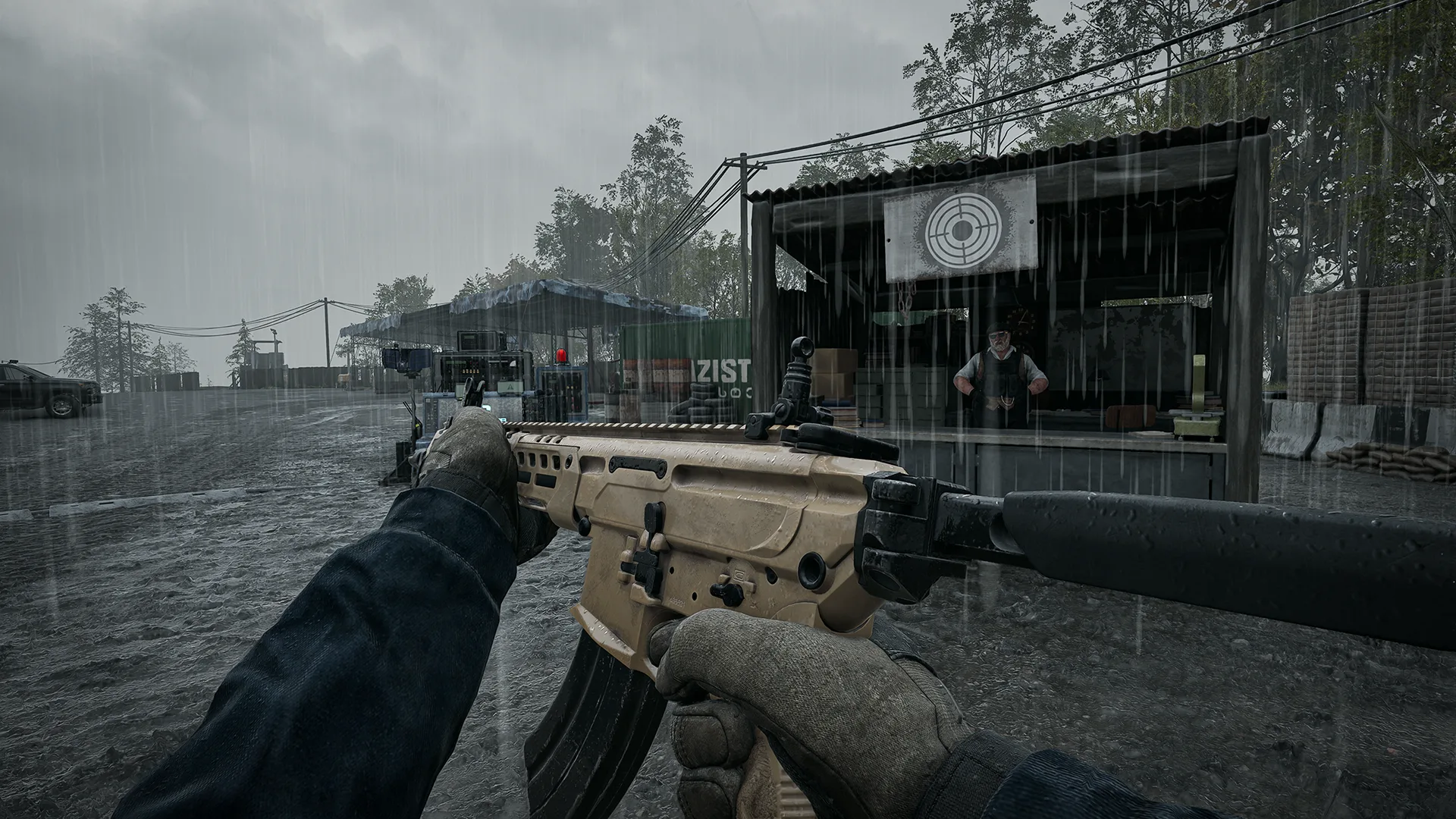 First-person view of a new Season 2 rifle at a vendor in the rain